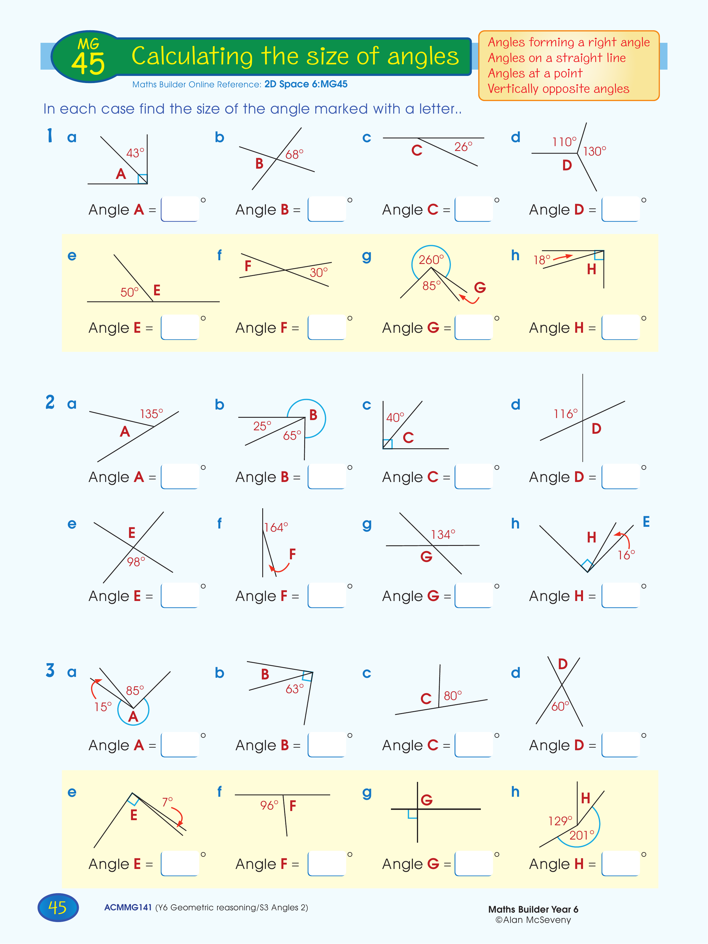 Calculating the size of angles — worksheet preview