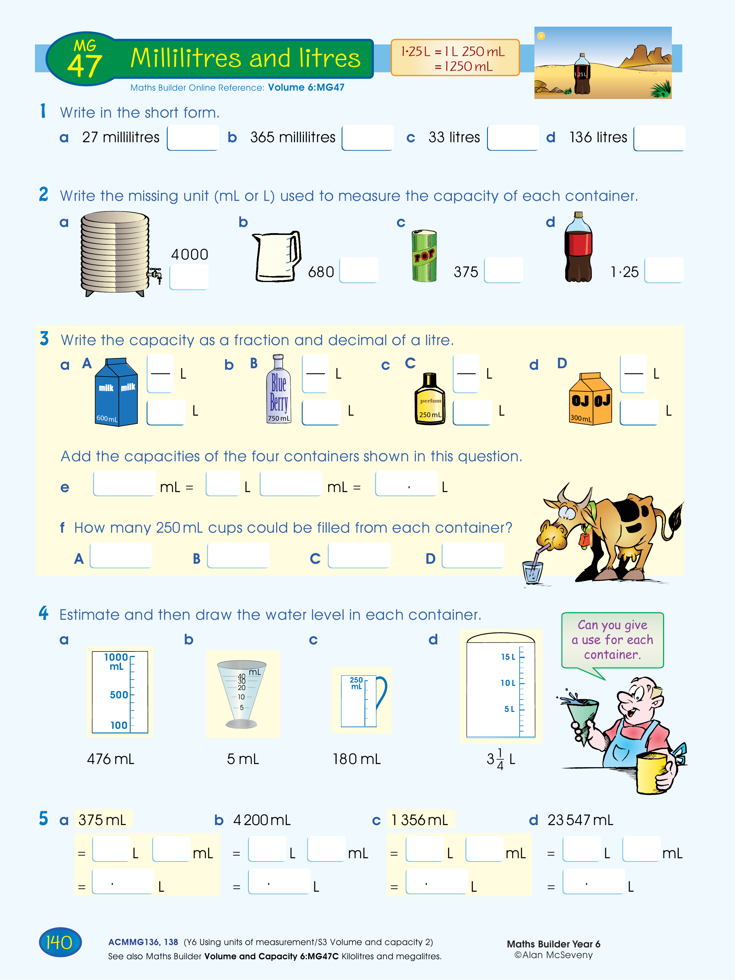 Millilitres and litres — worksheet preview