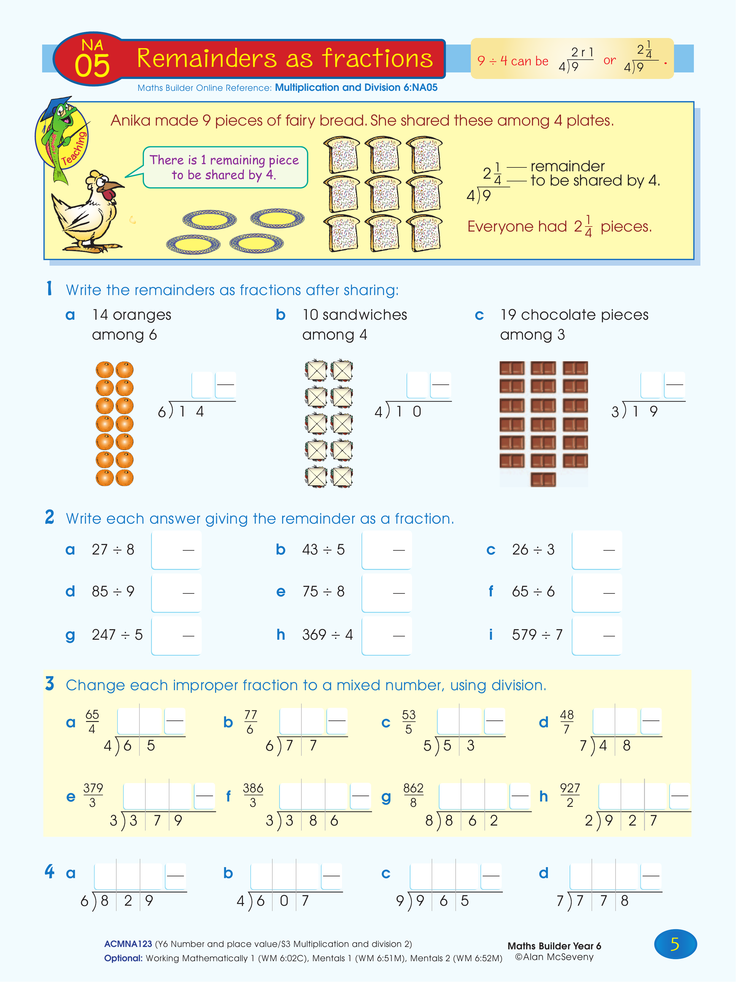 Remainders as fractions — worksheet preview