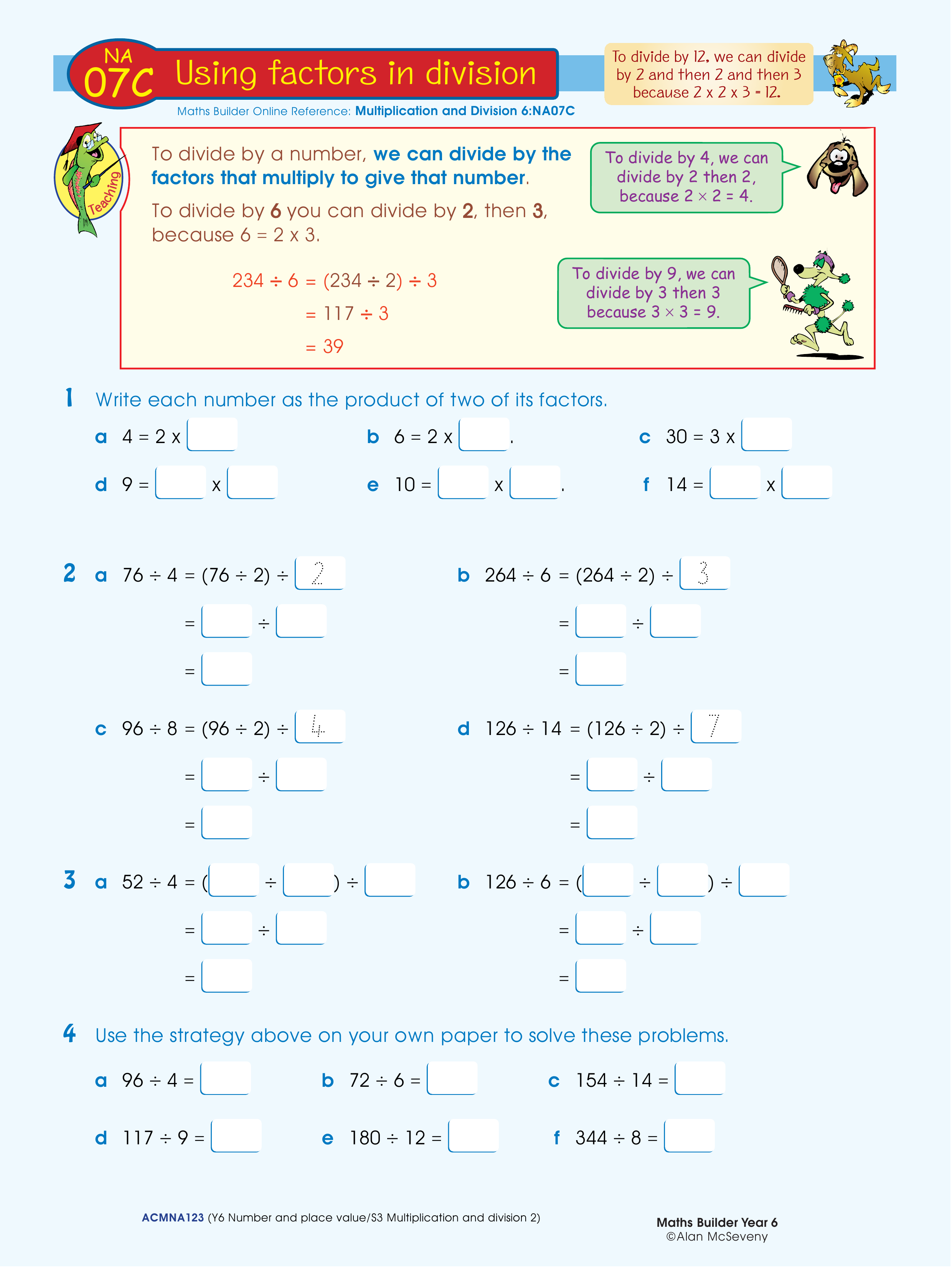 Using factors in division — worksheet preview