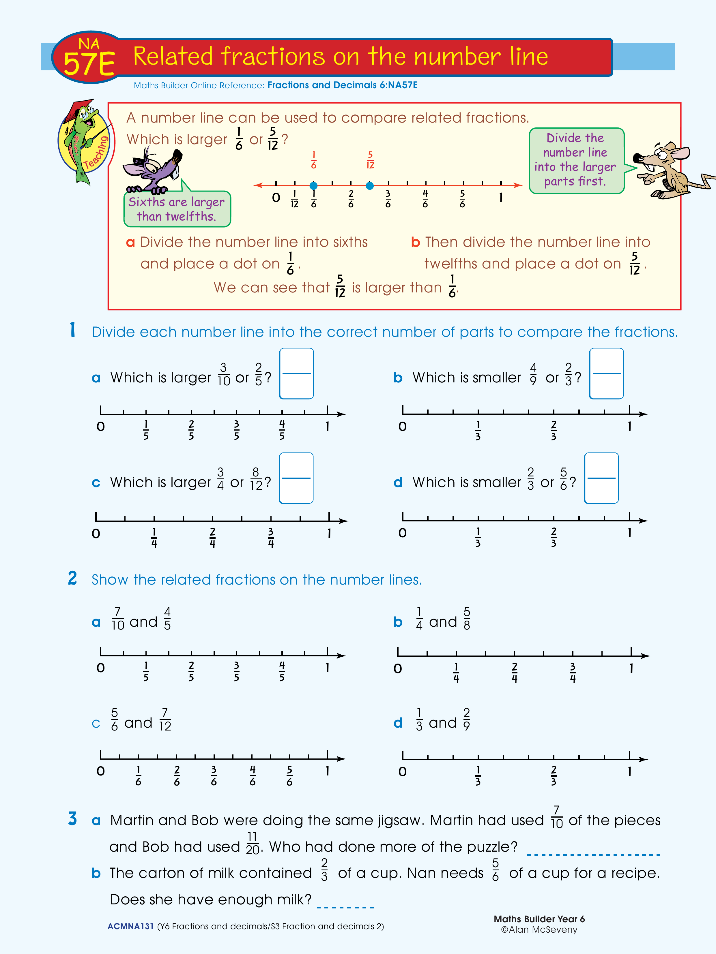 Related fractions on the number line — worksheet preview