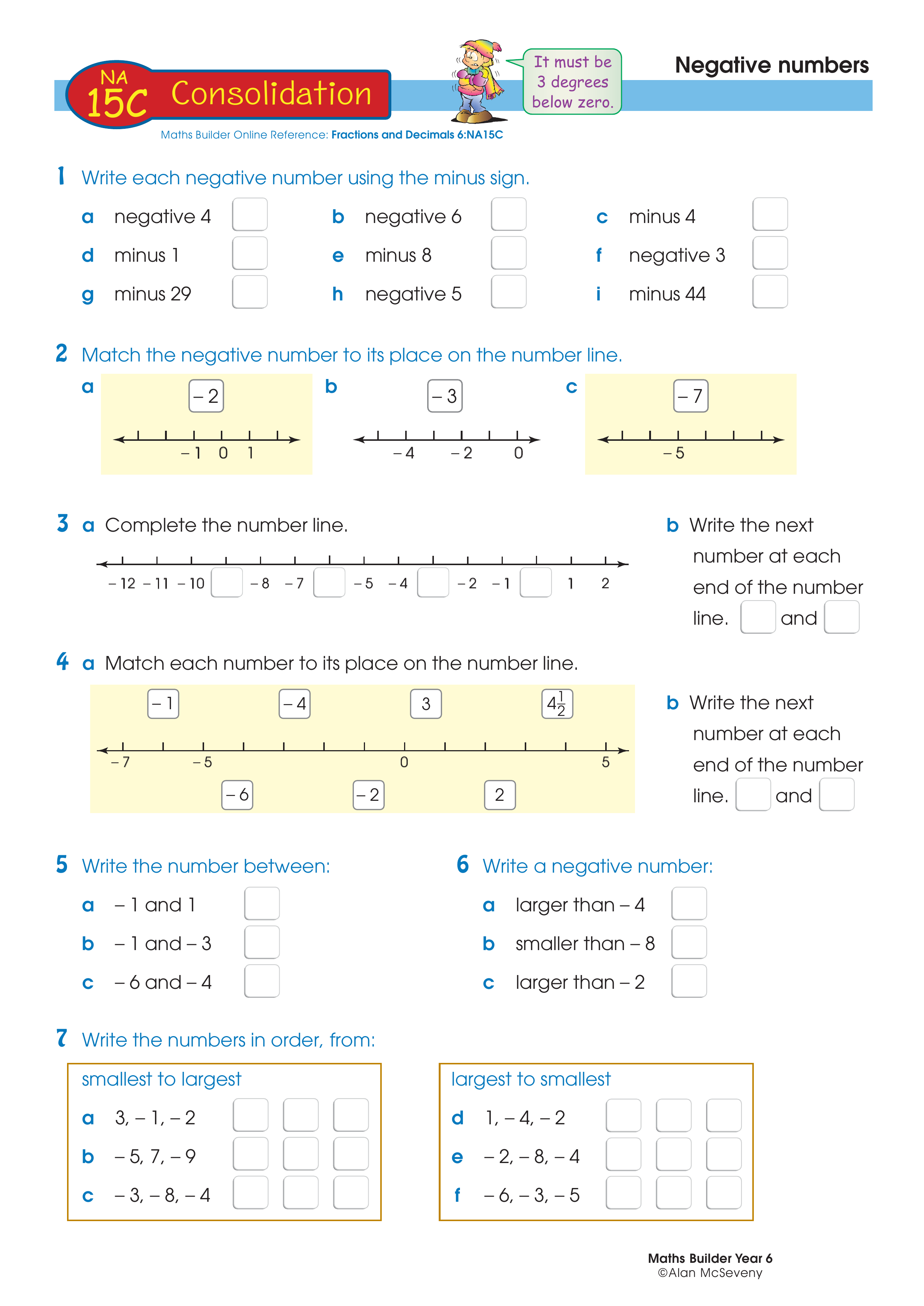 Negative numbers — worksheet preview