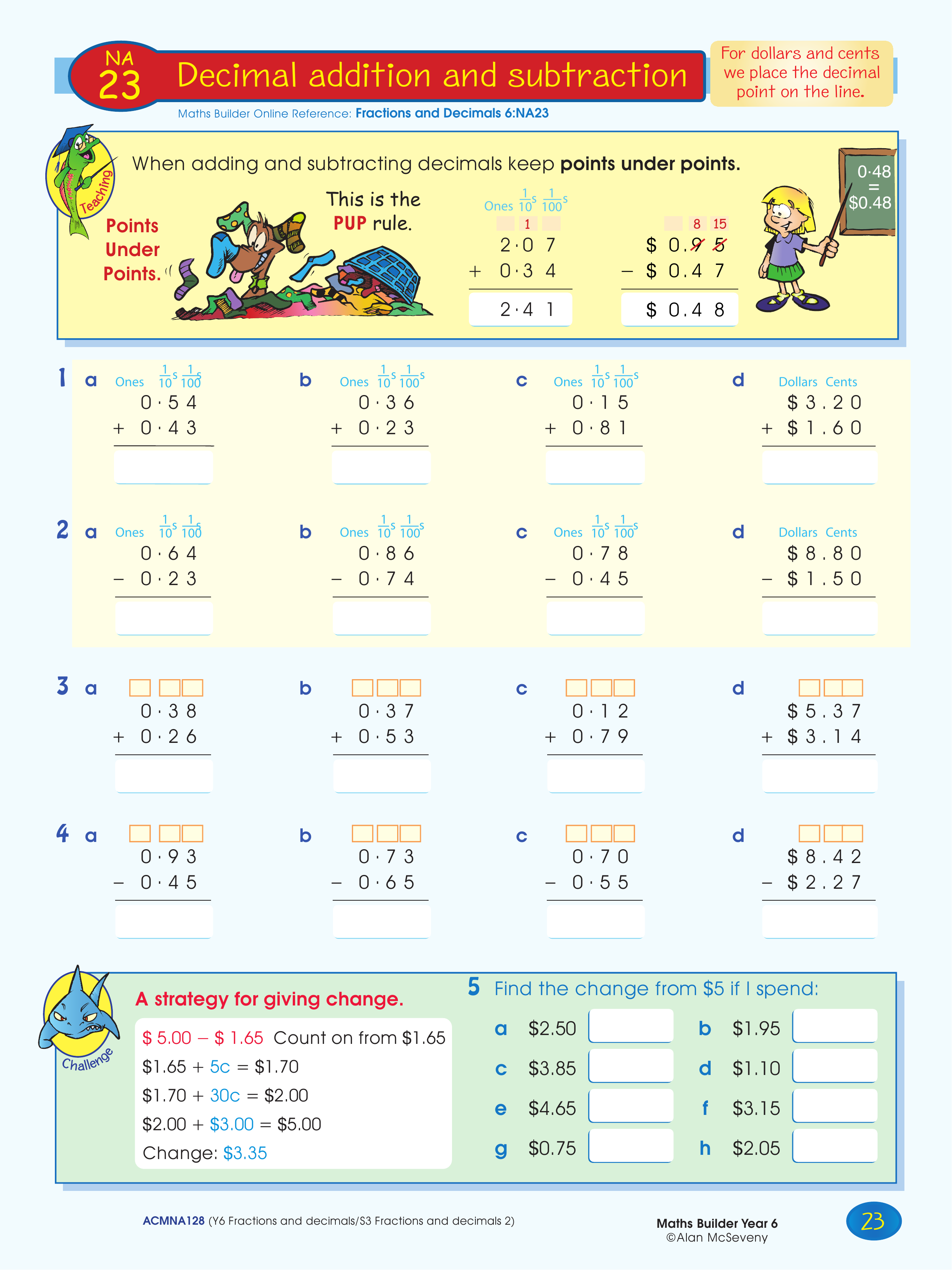Decimal addition and subtraction — worksheet preview