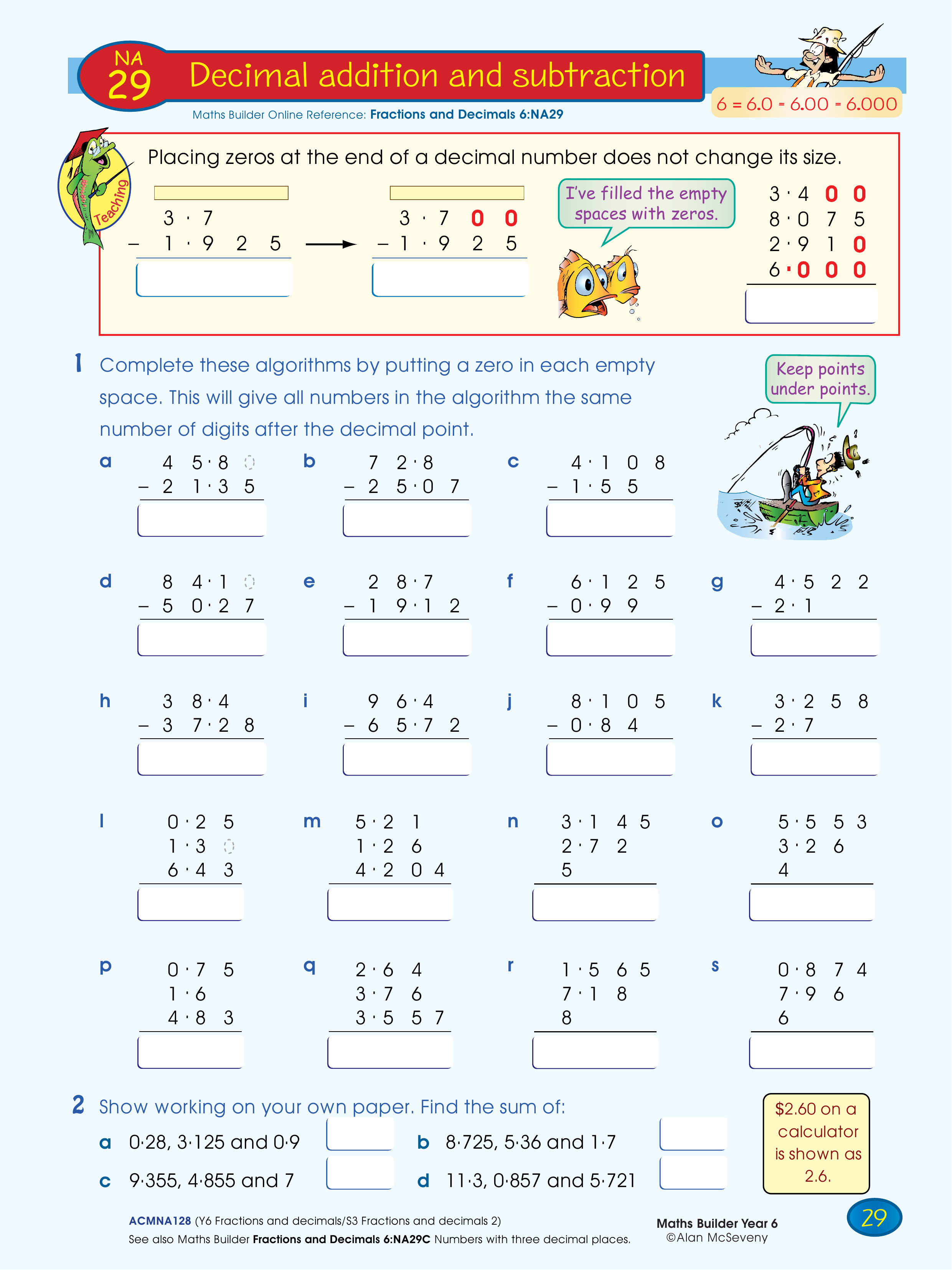 Decimal addition and subtraction — worksheet preview