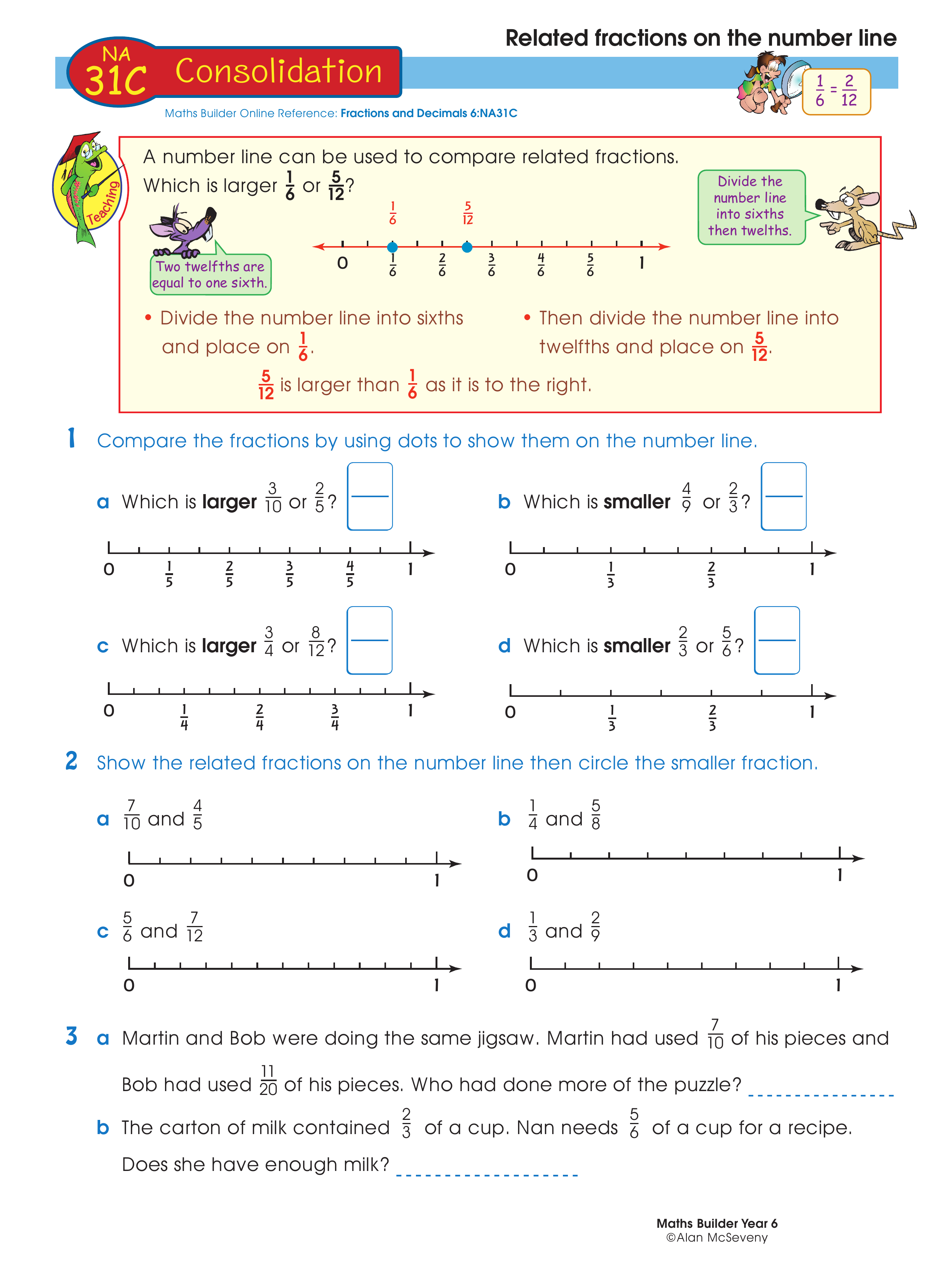 Related fractions on the number line — worksheet preview