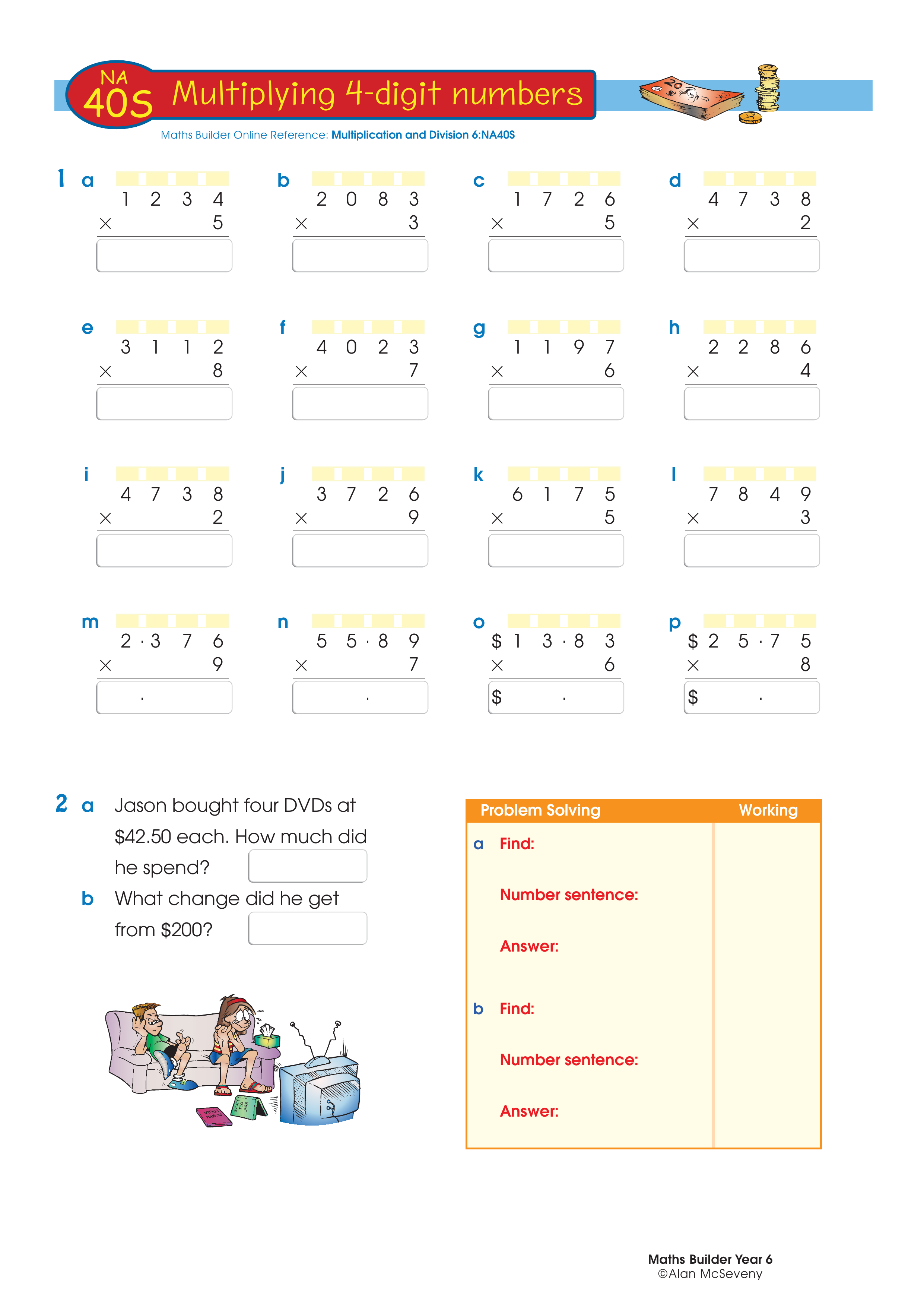 Multiplying 4-digit numbers — worksheet preview