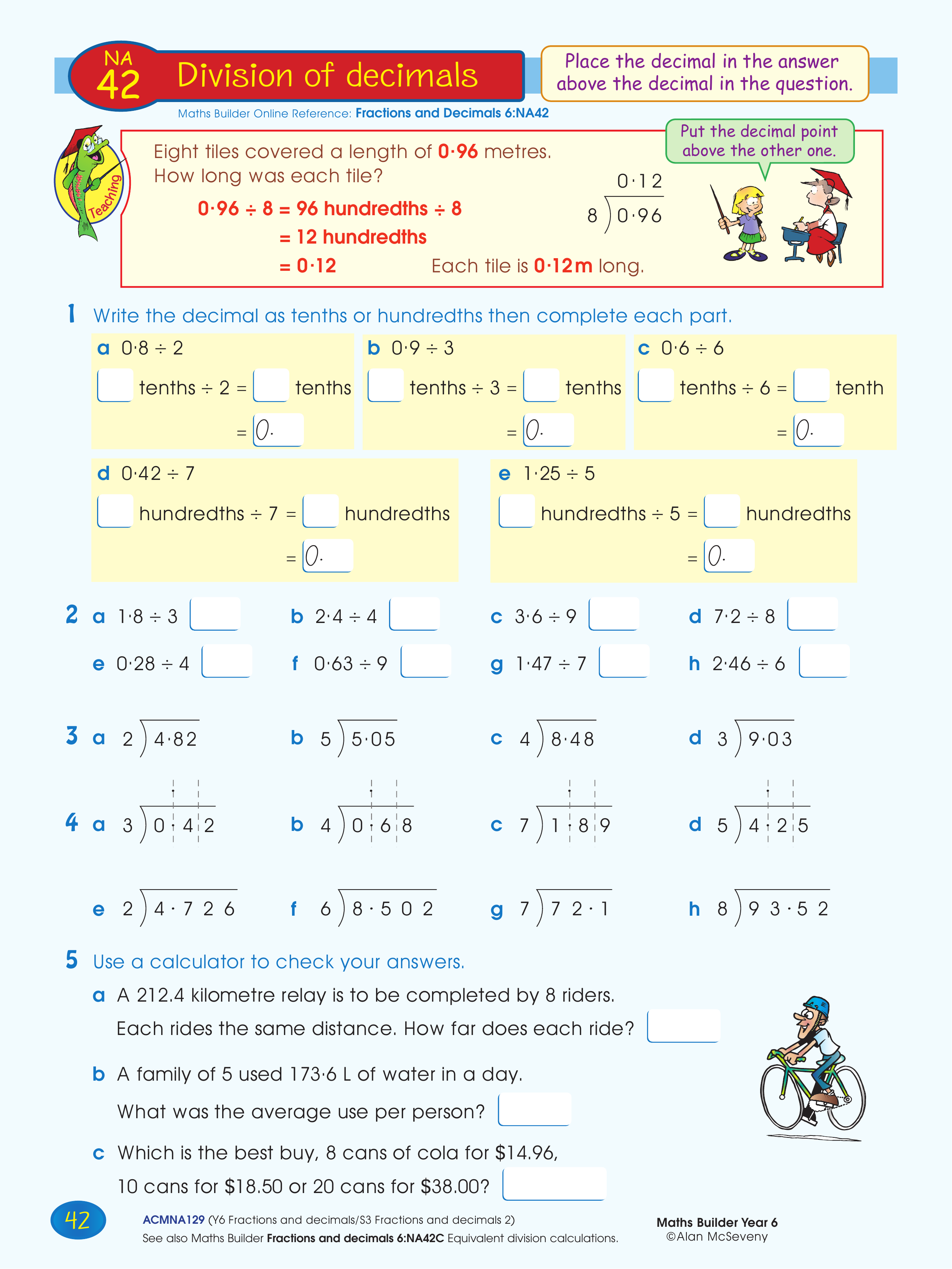 Division of decimals — worksheet preview