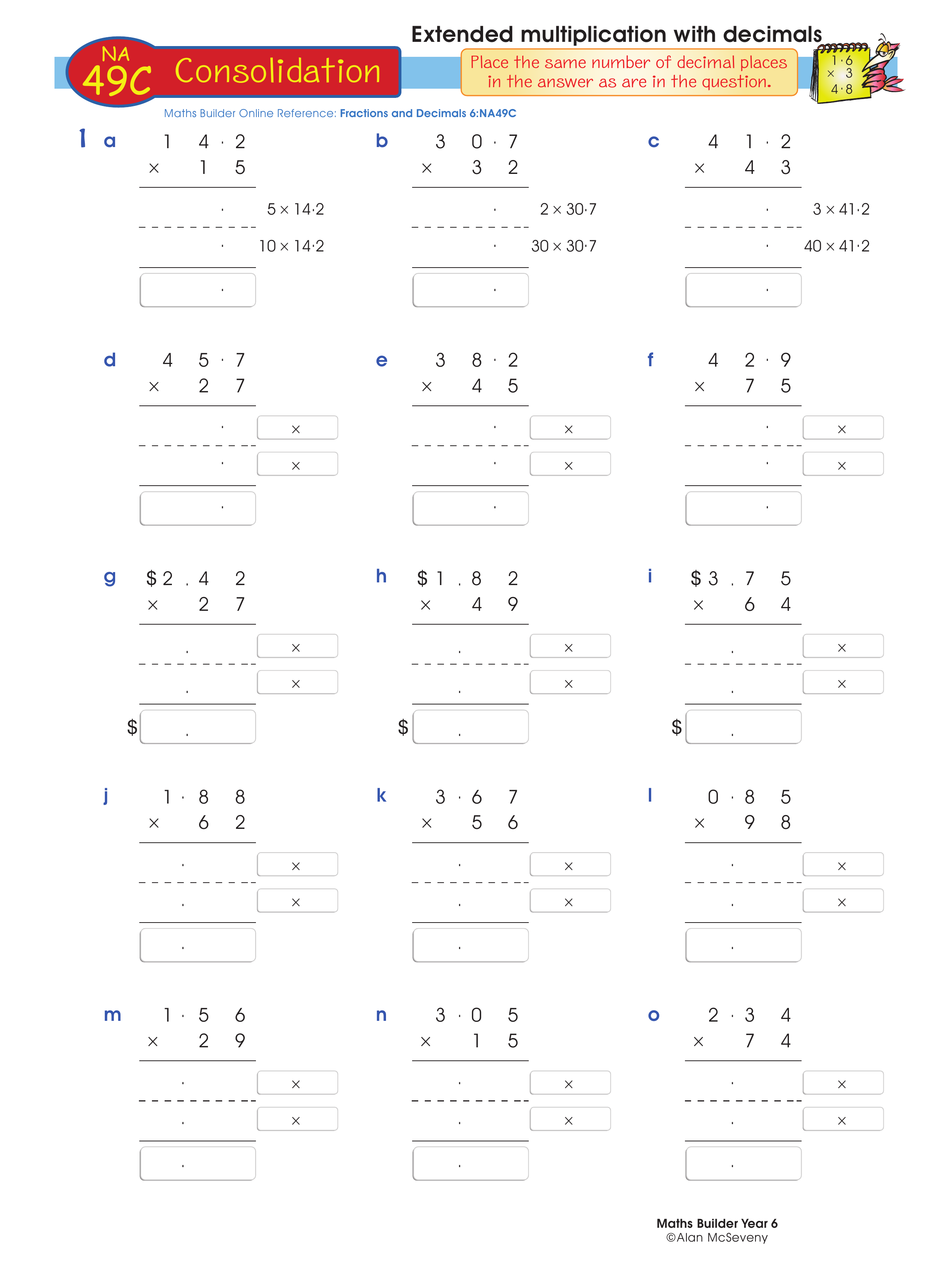 Extended multiplication with decimals — worksheet preview