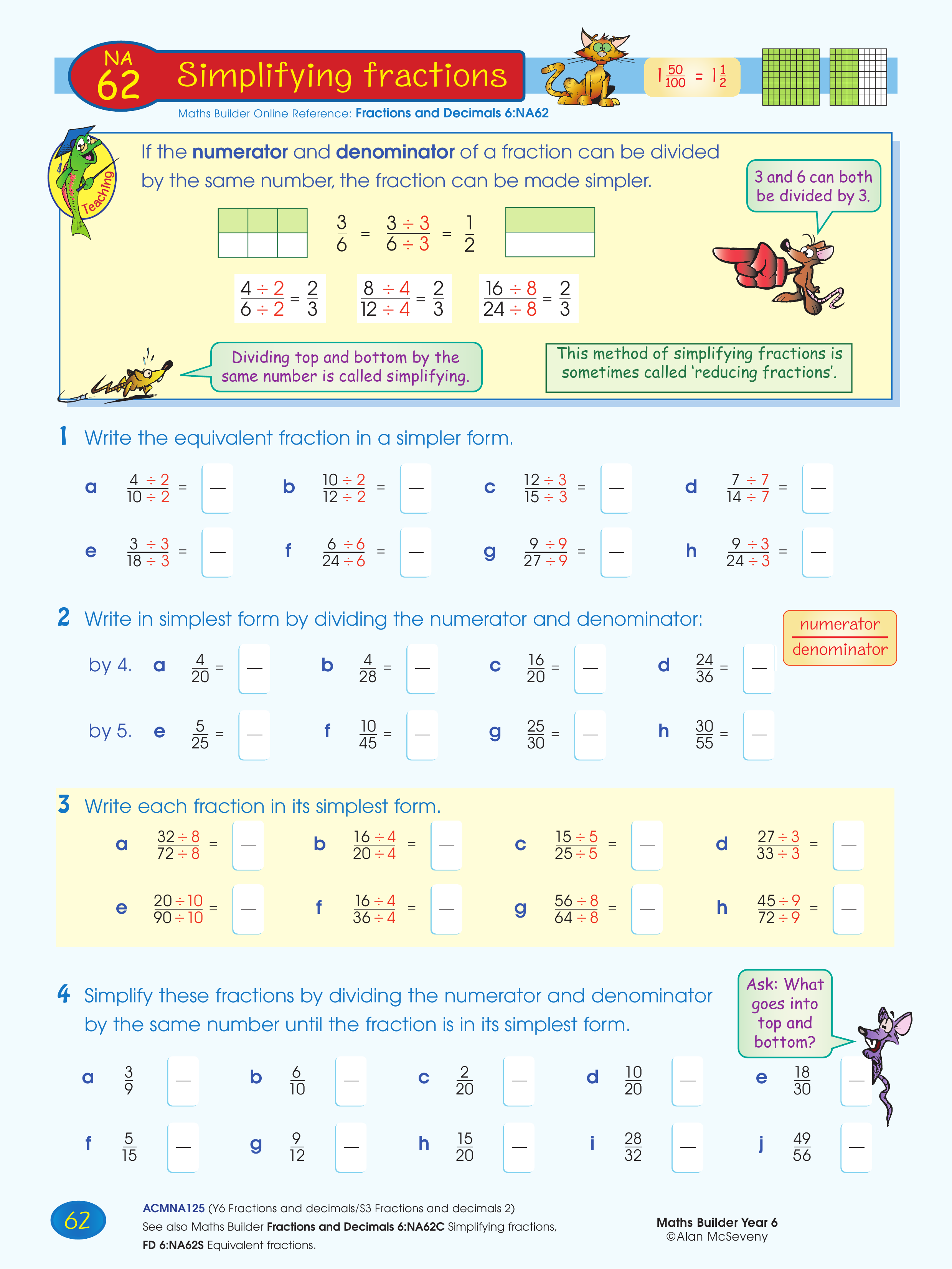 Simplifying fractions — worksheet preview