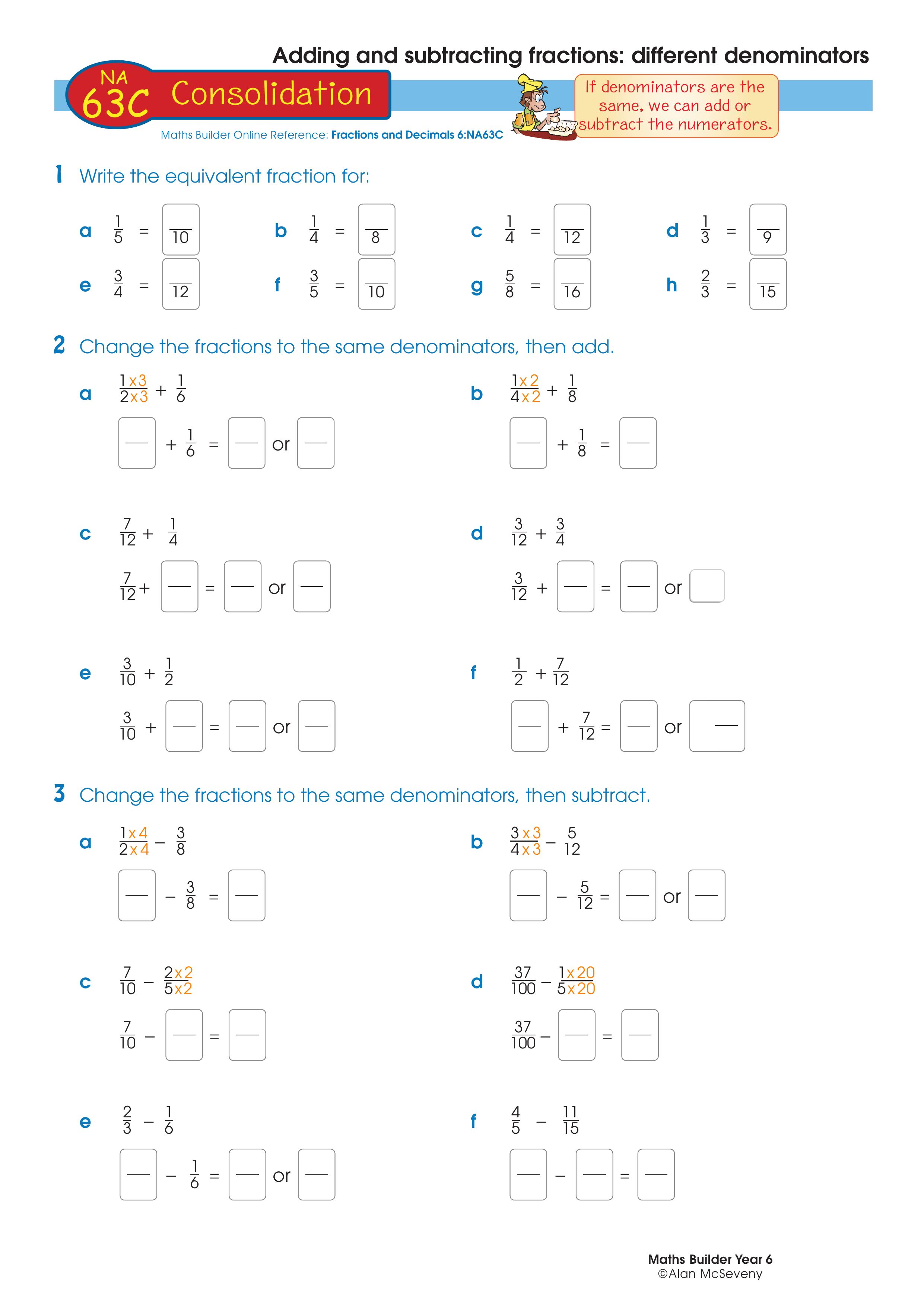 Adding and subtracting fractions — worksheet preview