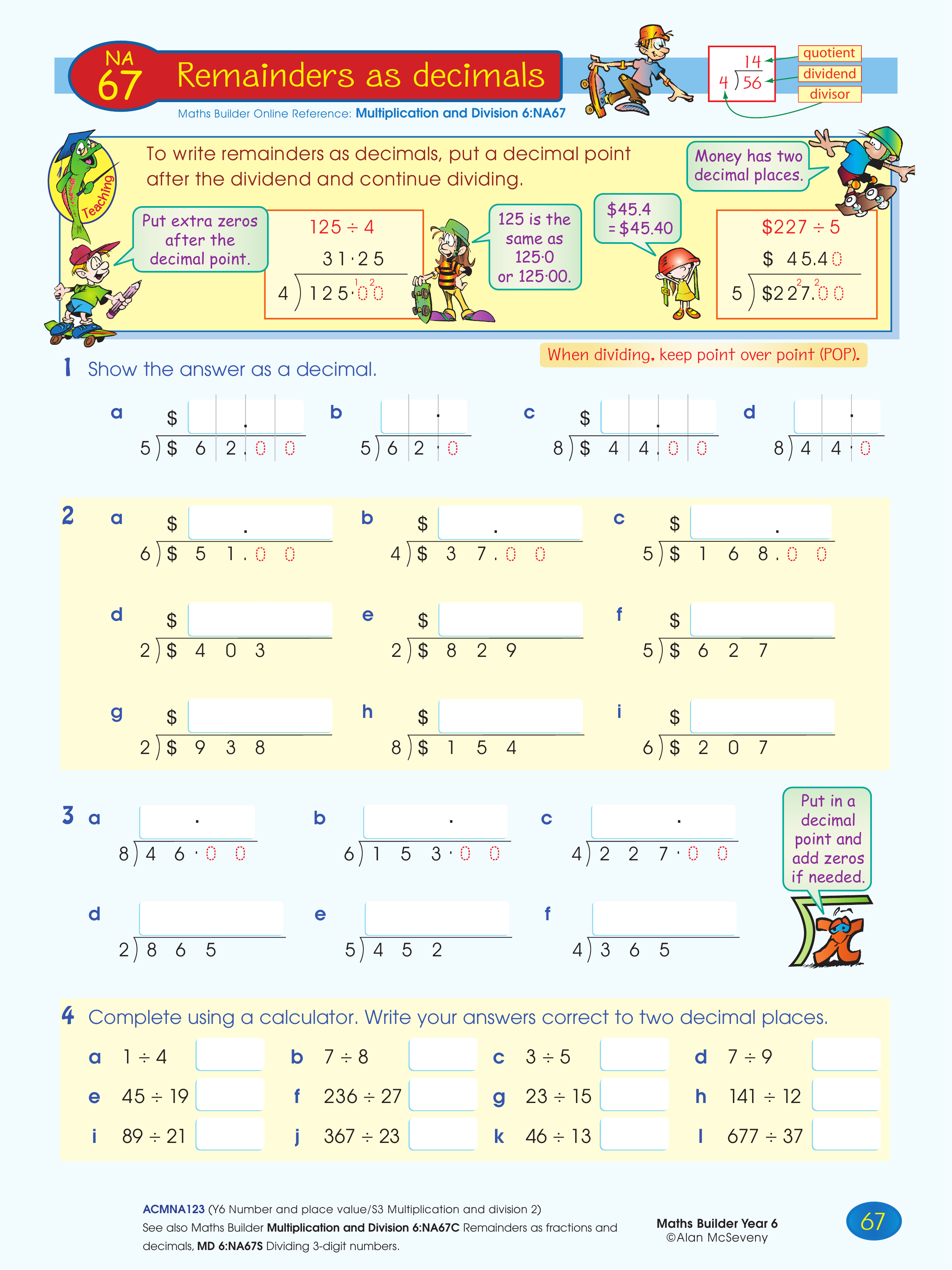 Remainders as decimals — worksheet preview