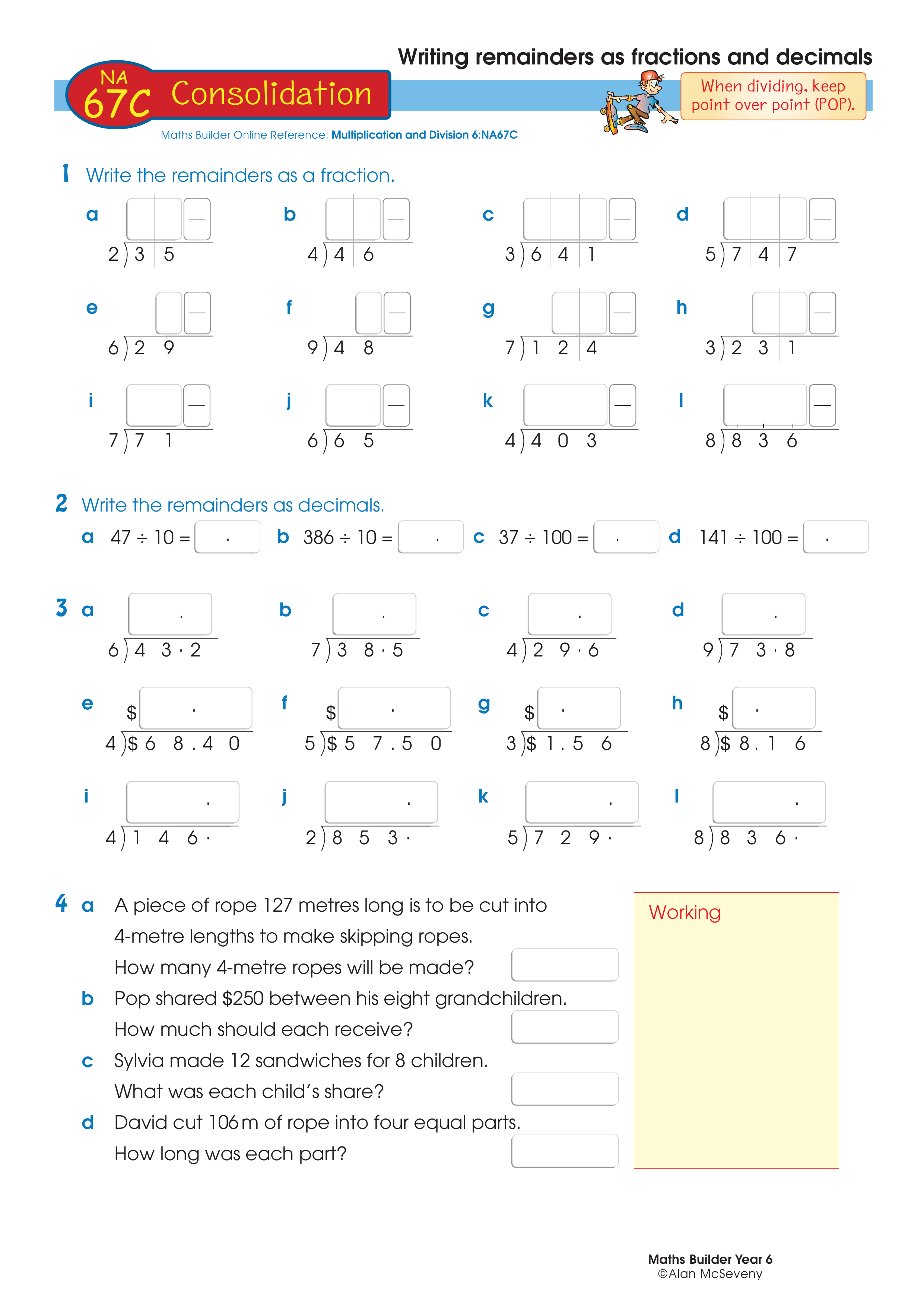 Remainders as fractions and decimals — worksheet preview