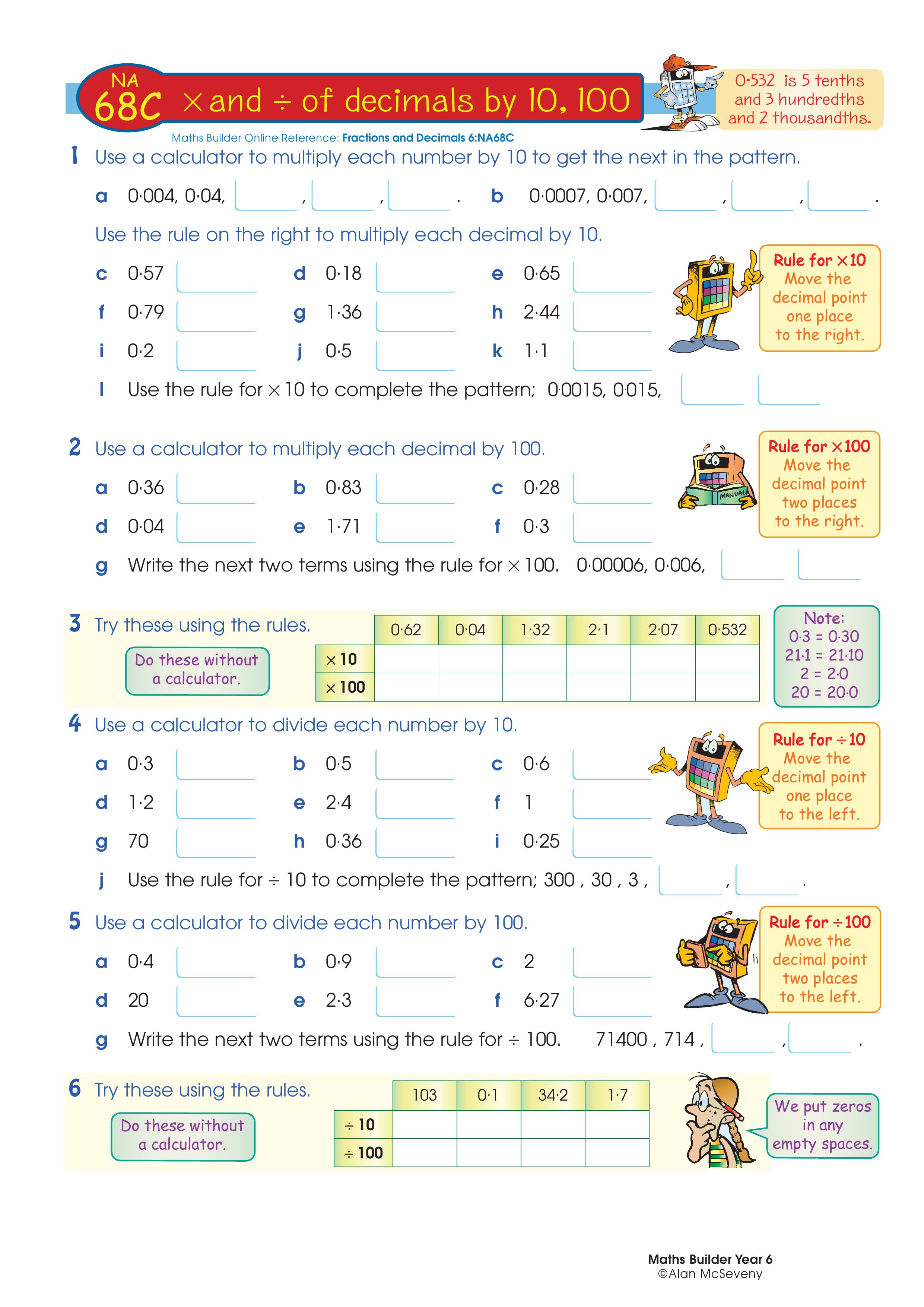 Multiply and divide decimals by 10, 100 — worksheet preview
