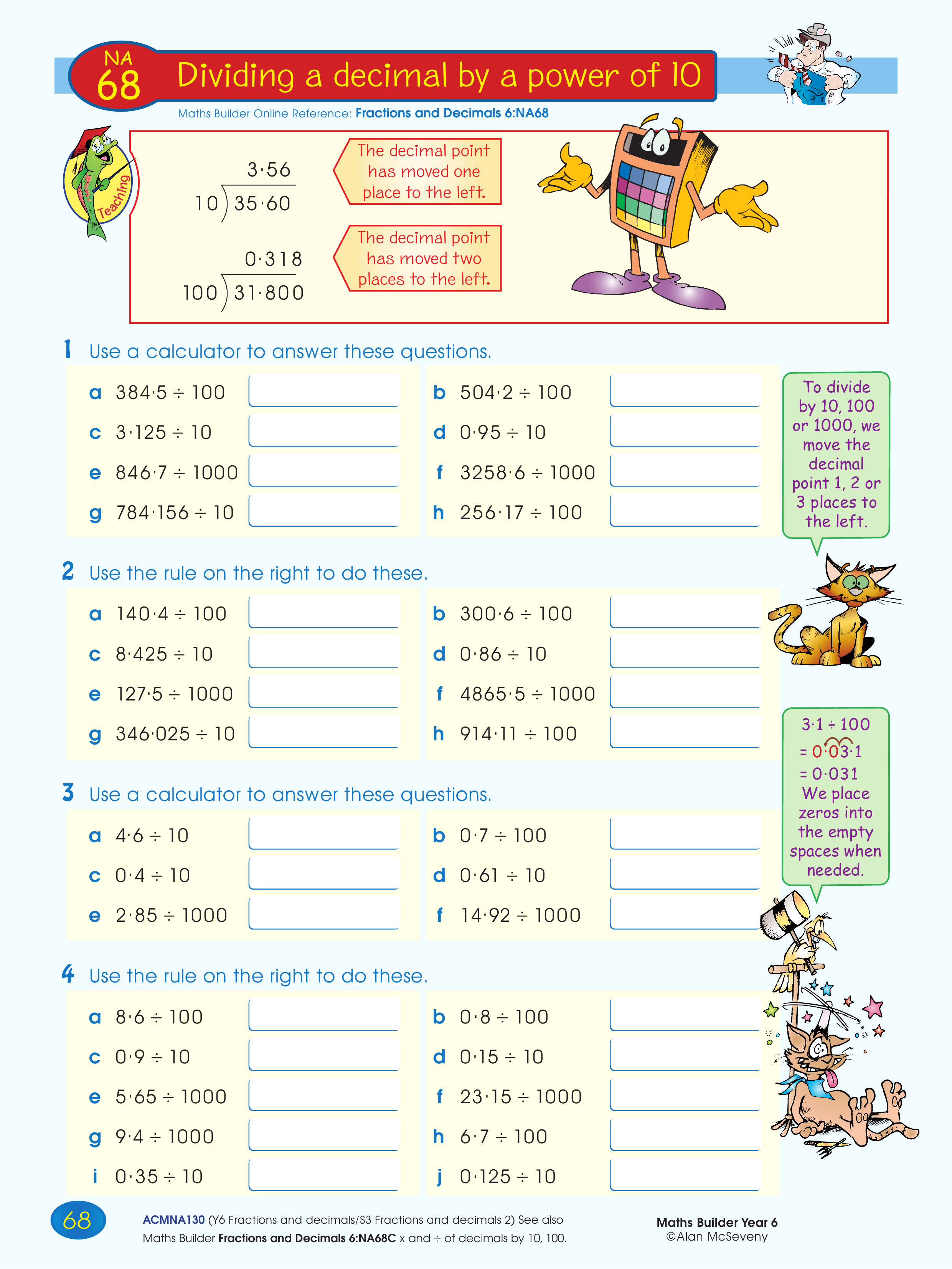 Dividing a decimal by a power of 10 — worksheet preview