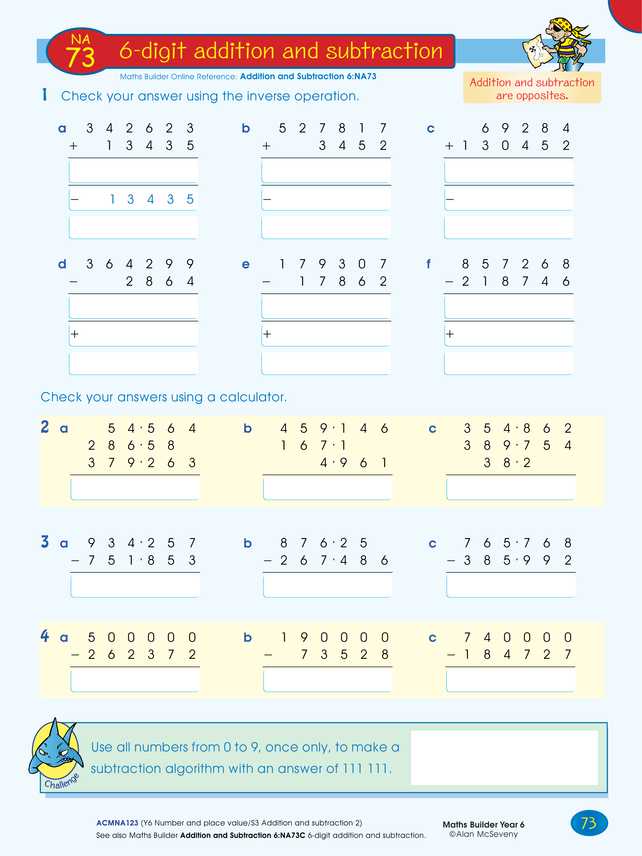 6-digit addition and subtraction — worksheet preview