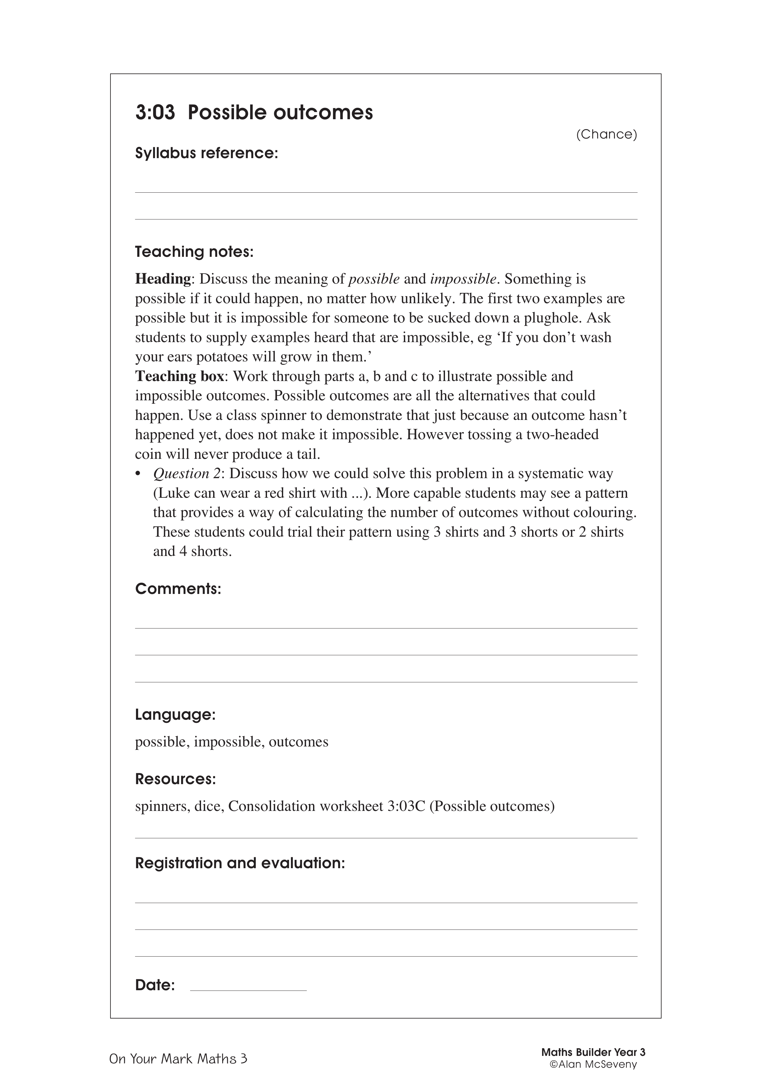 Possible outcomes — worksheet preview