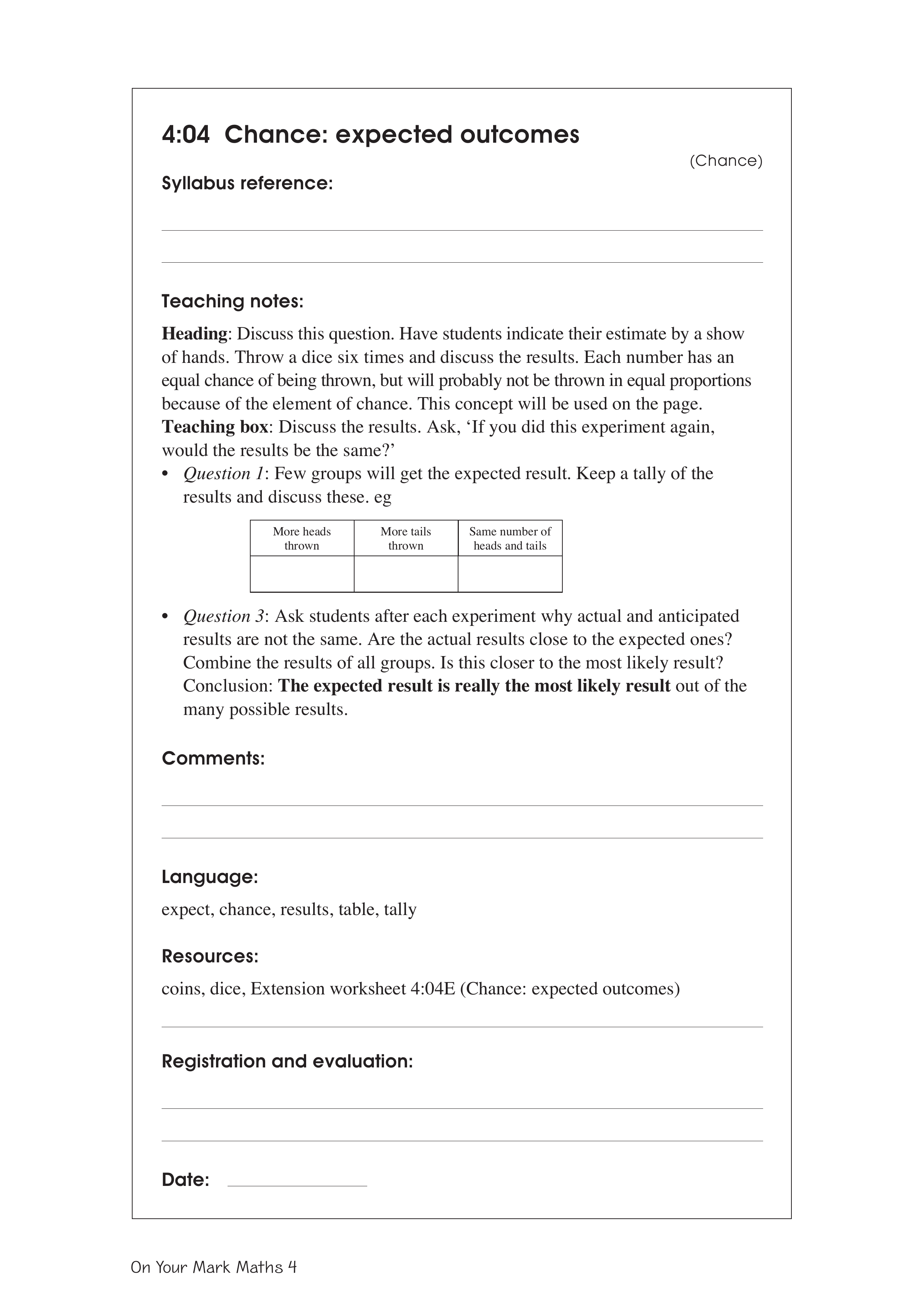 Chance: expected outcomes — worksheet preview
