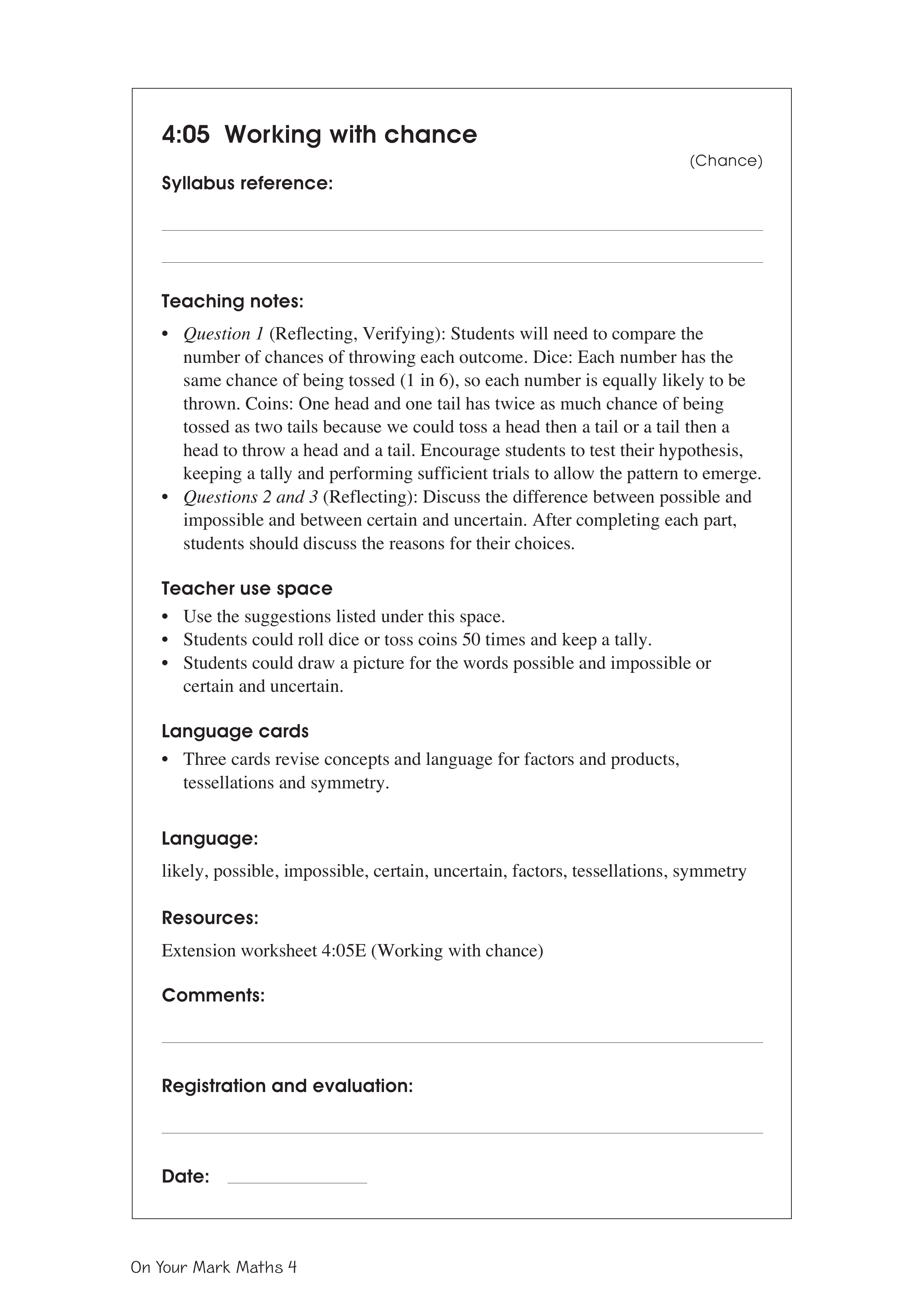 Working with chance — worksheet preview