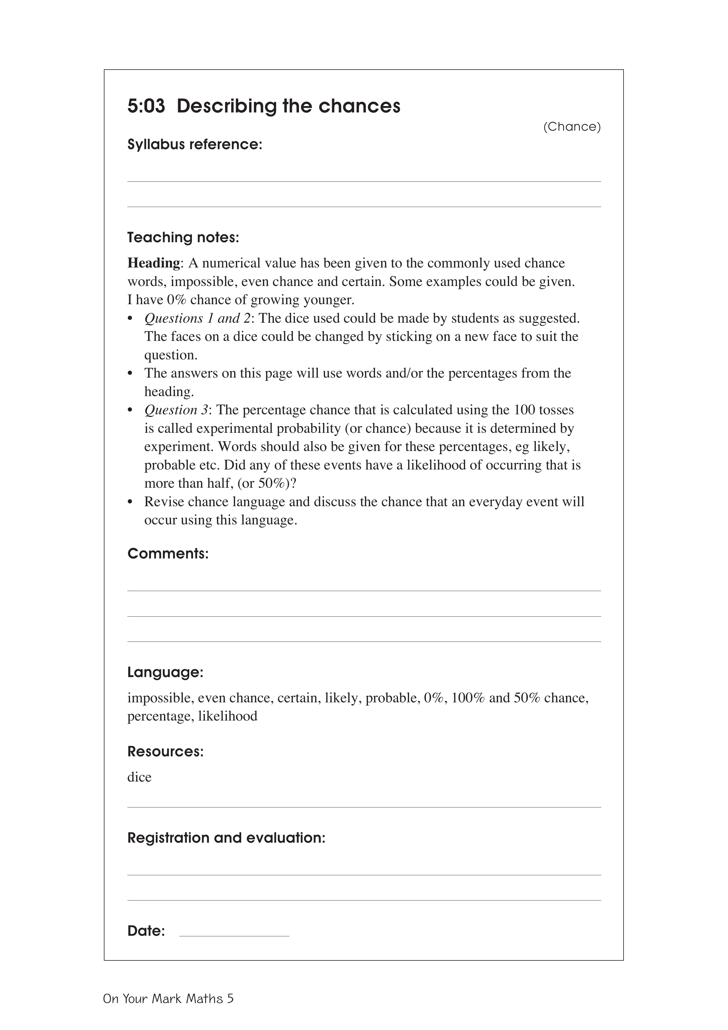 Describing the chances — worksheet preview