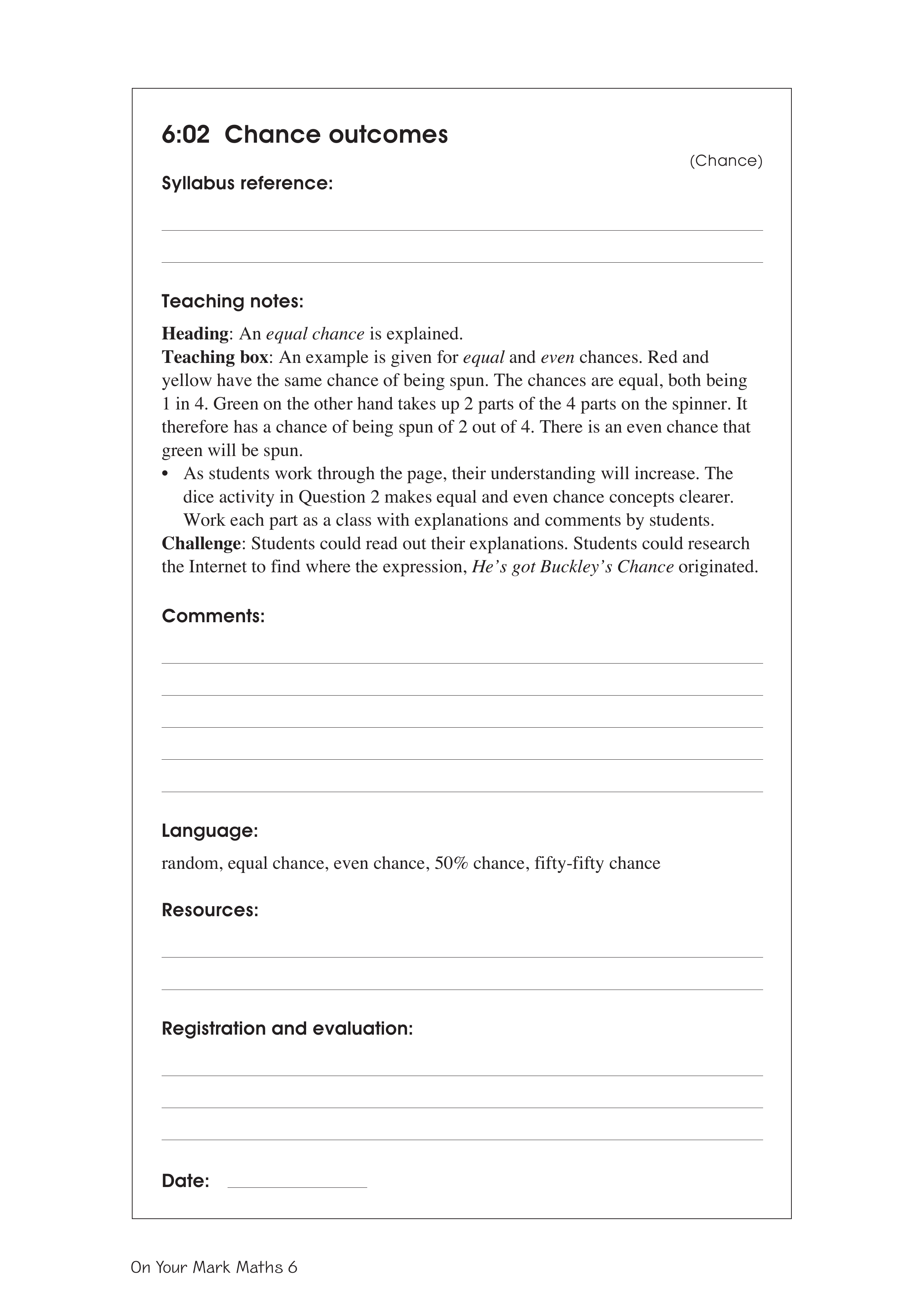 Chance outcomes — worksheet preview