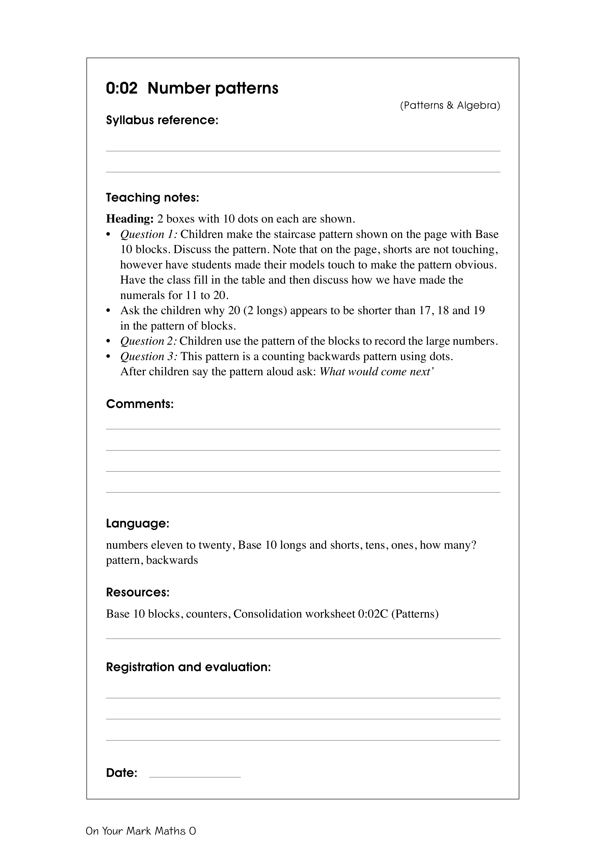 Number patterns — worksheet preview