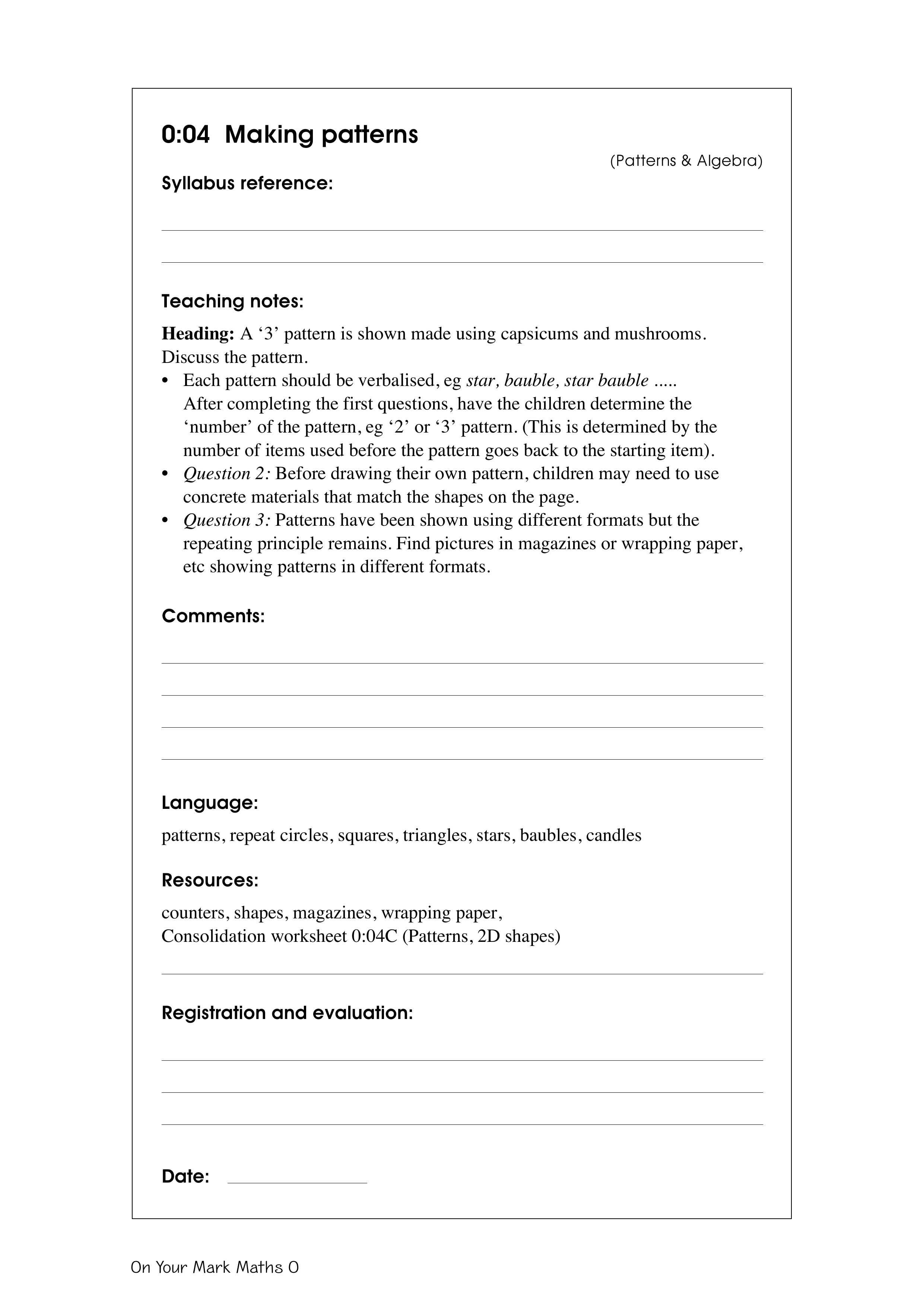 Making patterns — worksheet preview