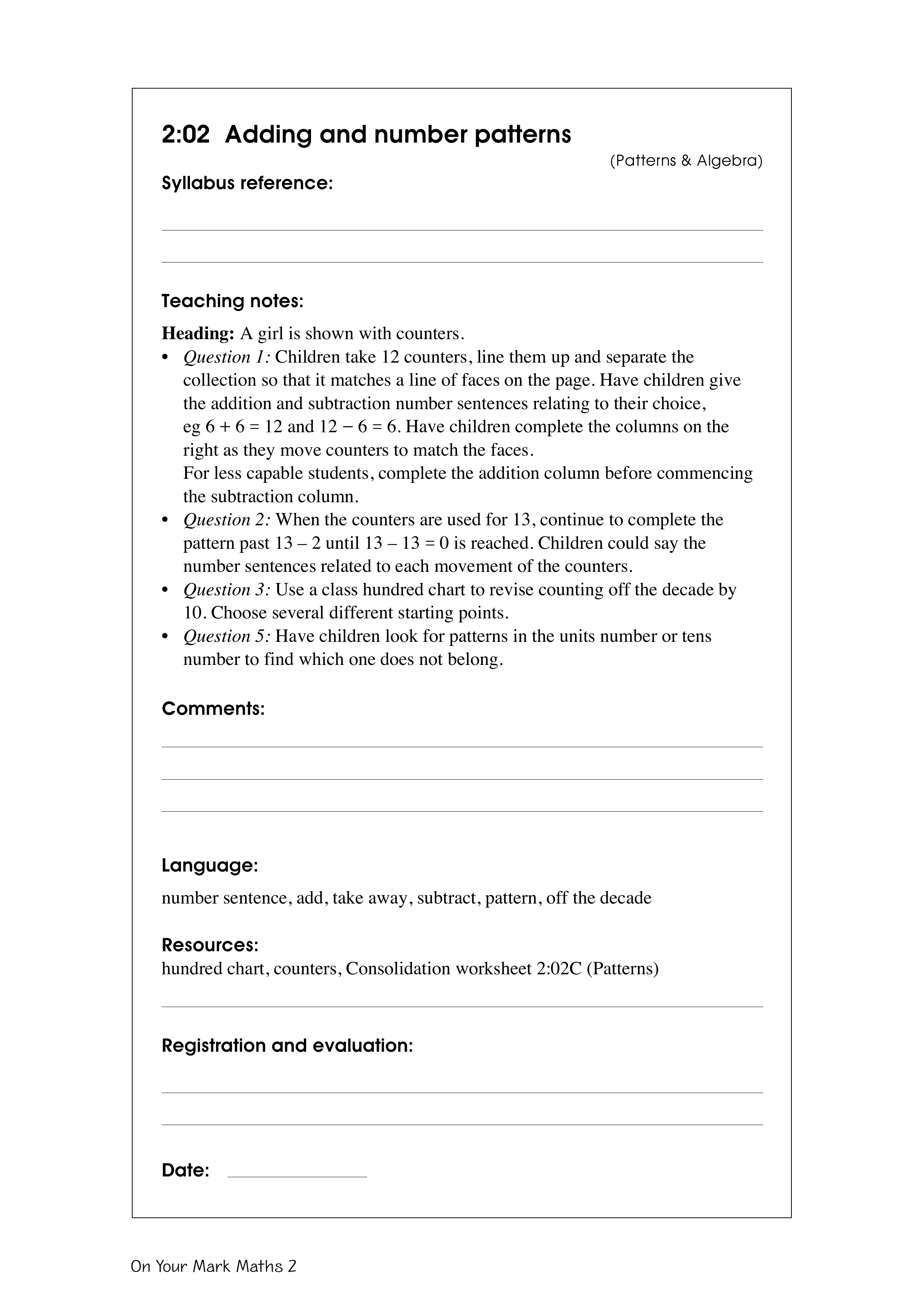 Adding and number patterns — worksheet preview