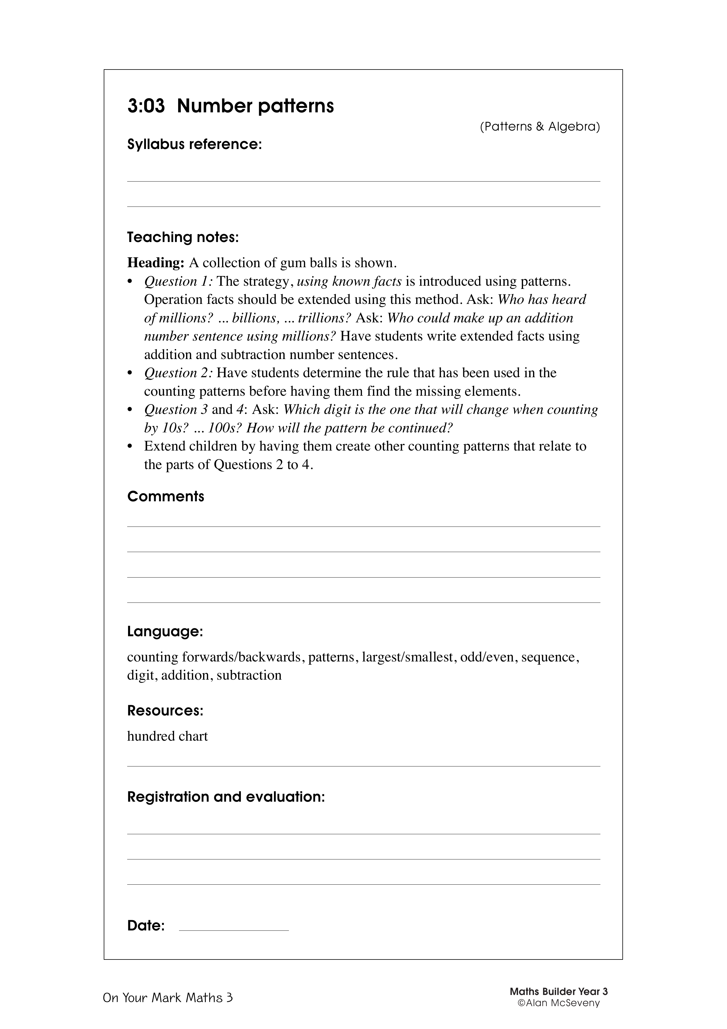 Number patterns — worksheet preview