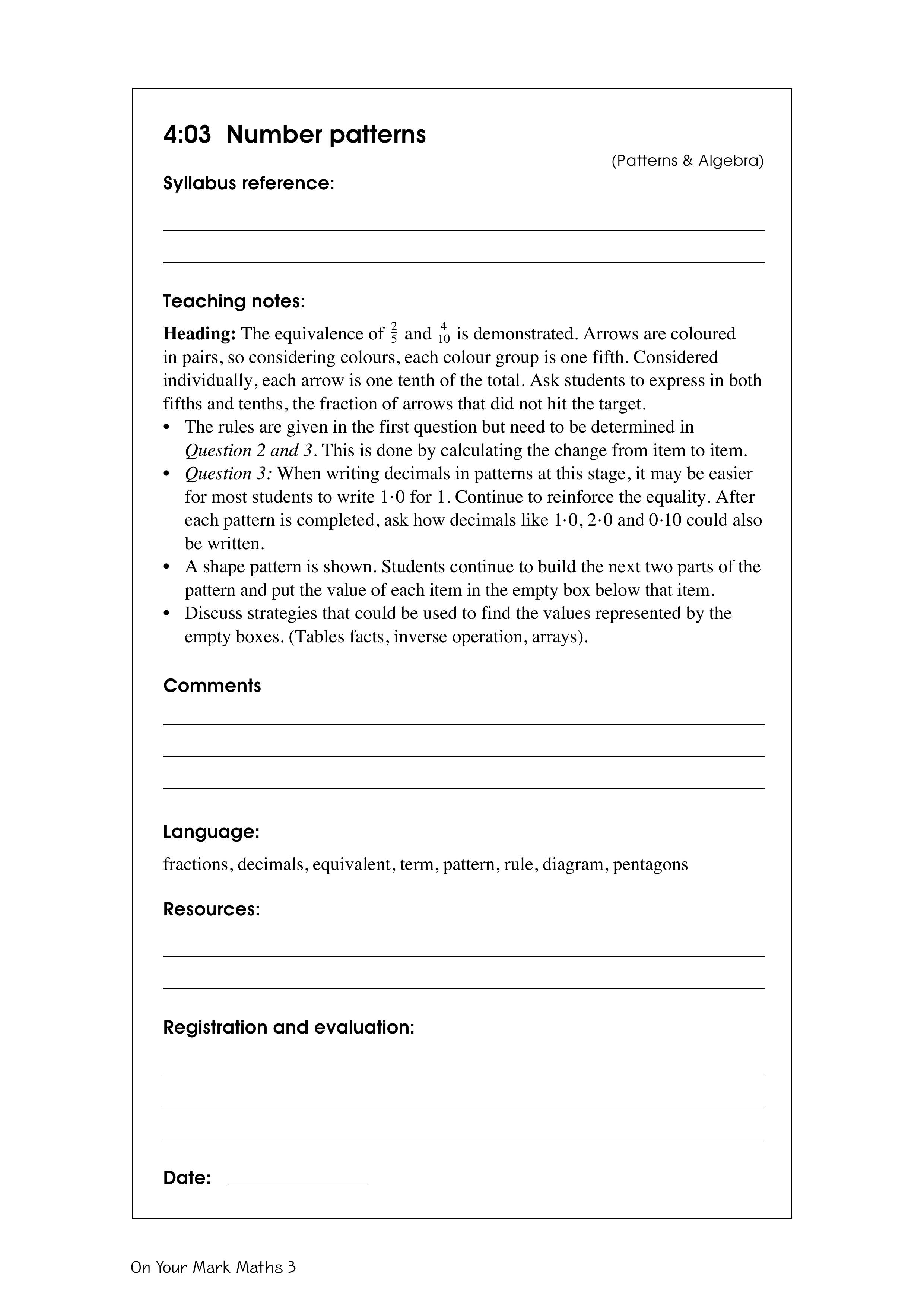 Number patterns — worksheet preview