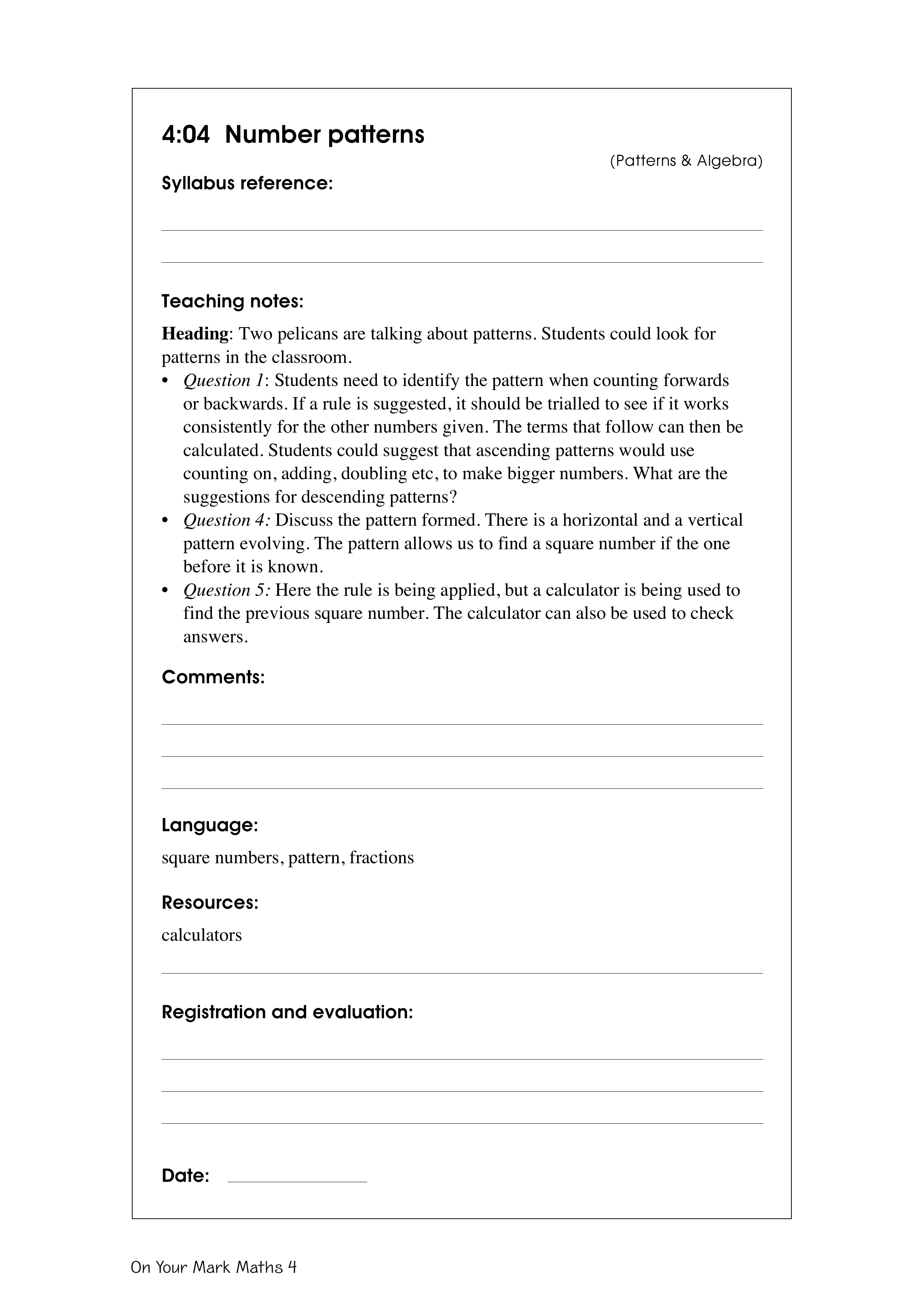 Number patterns — worksheet preview
