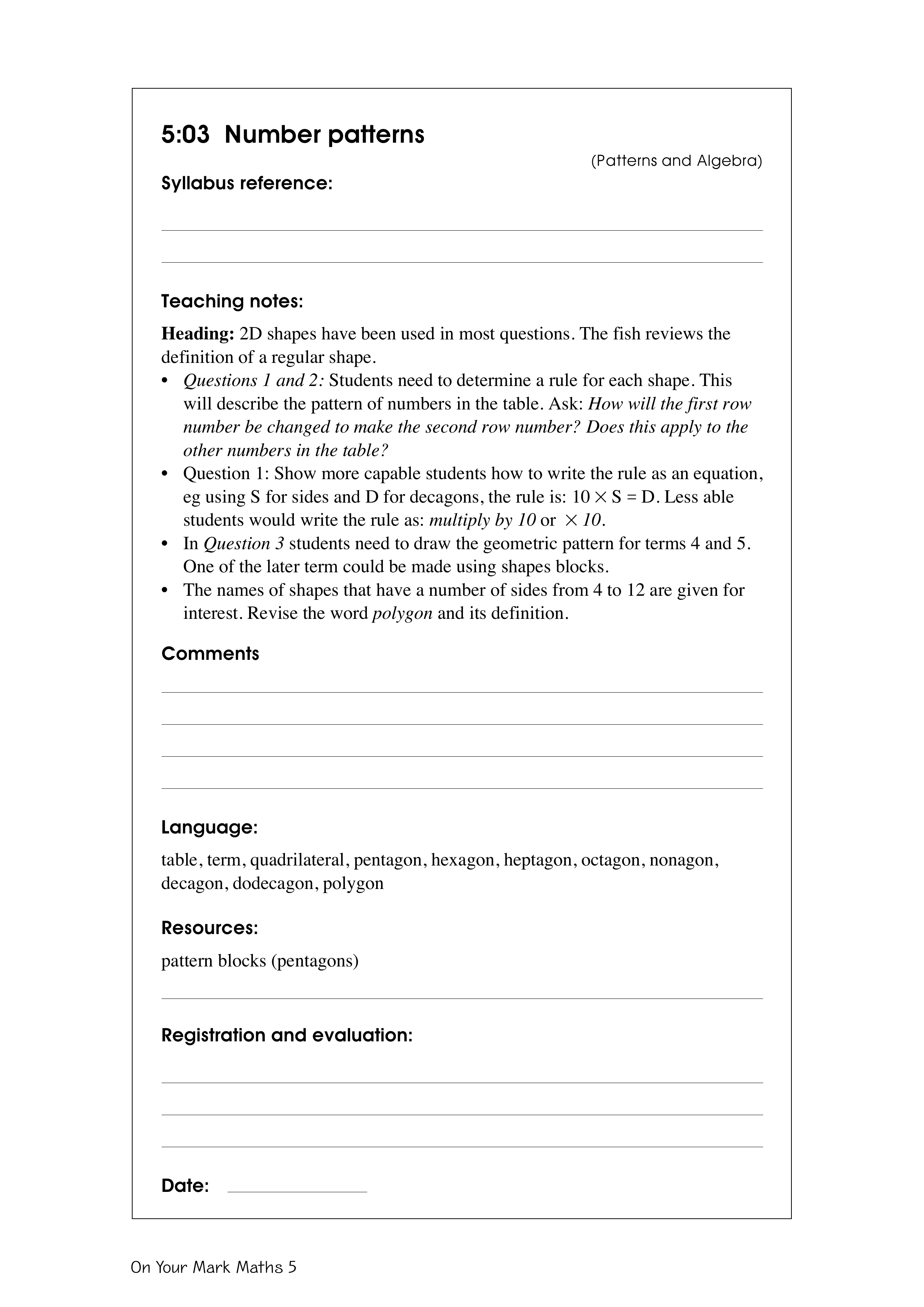 Number patterns — worksheet preview