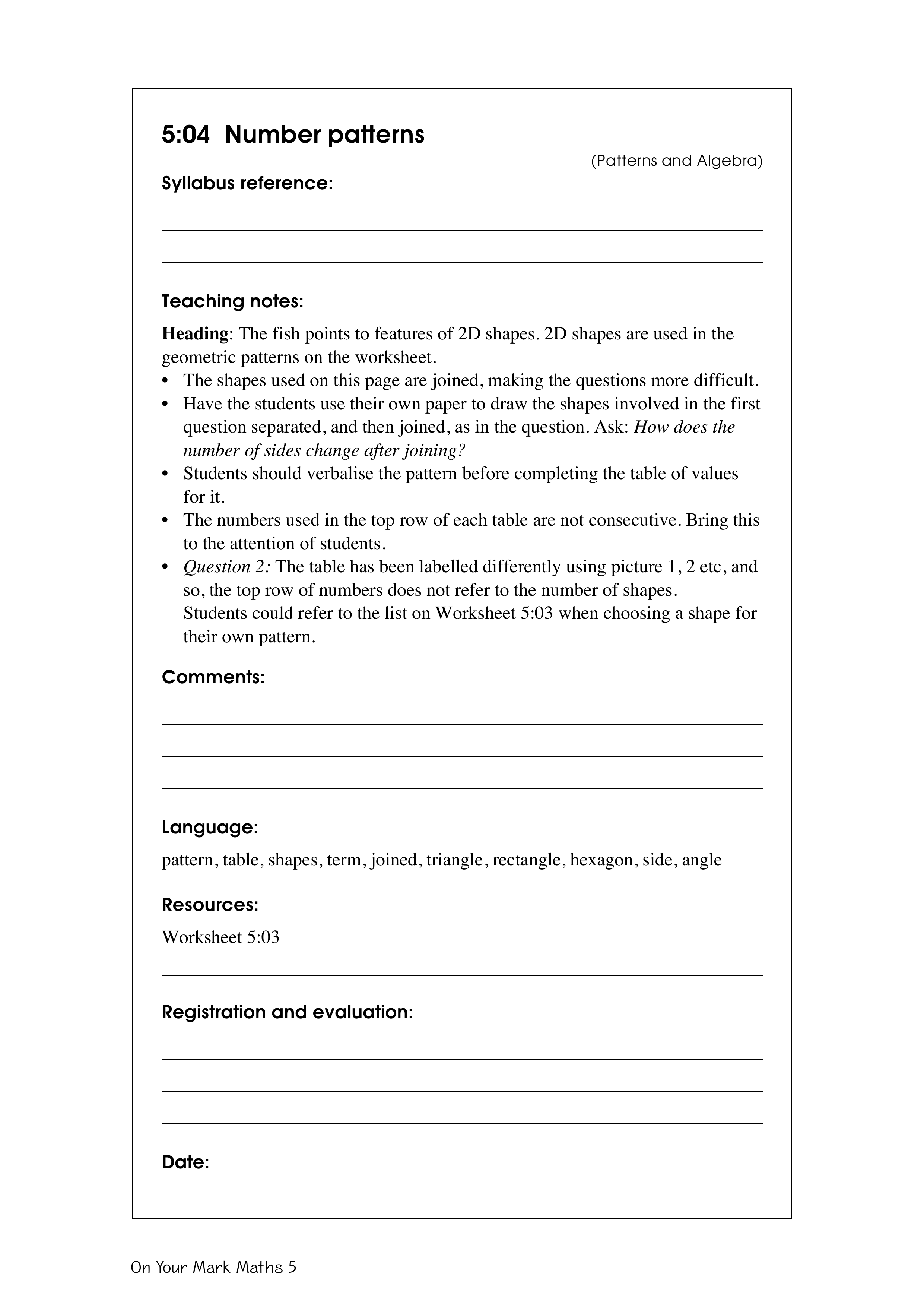 Number patterns — worksheet preview