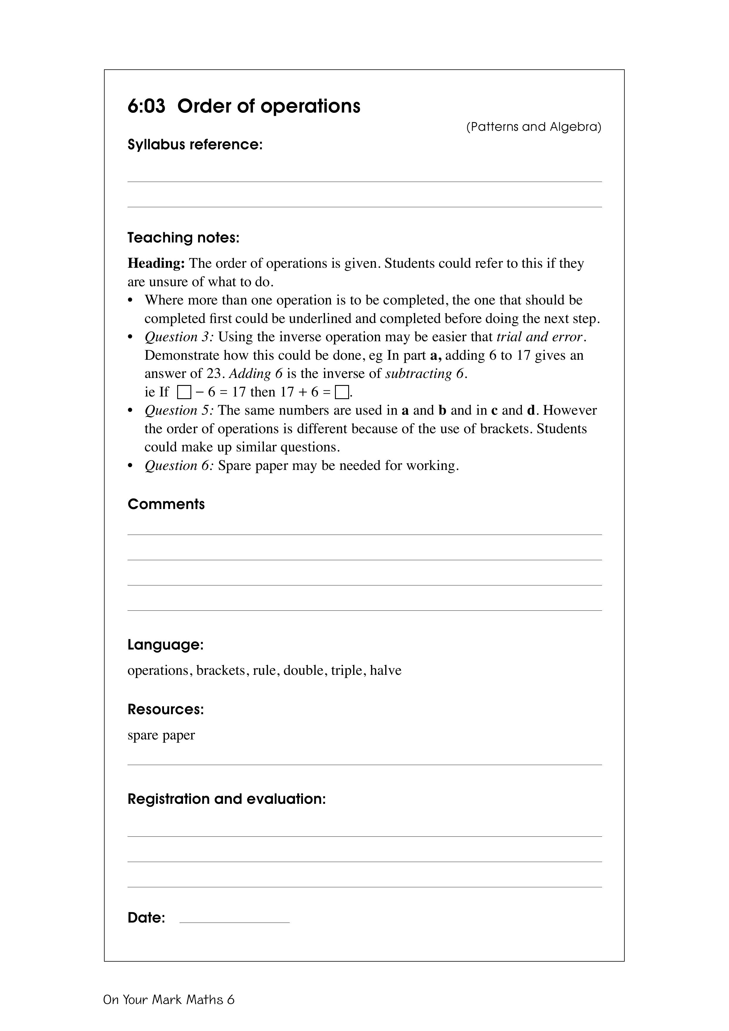 Order of operations — worksheet preview