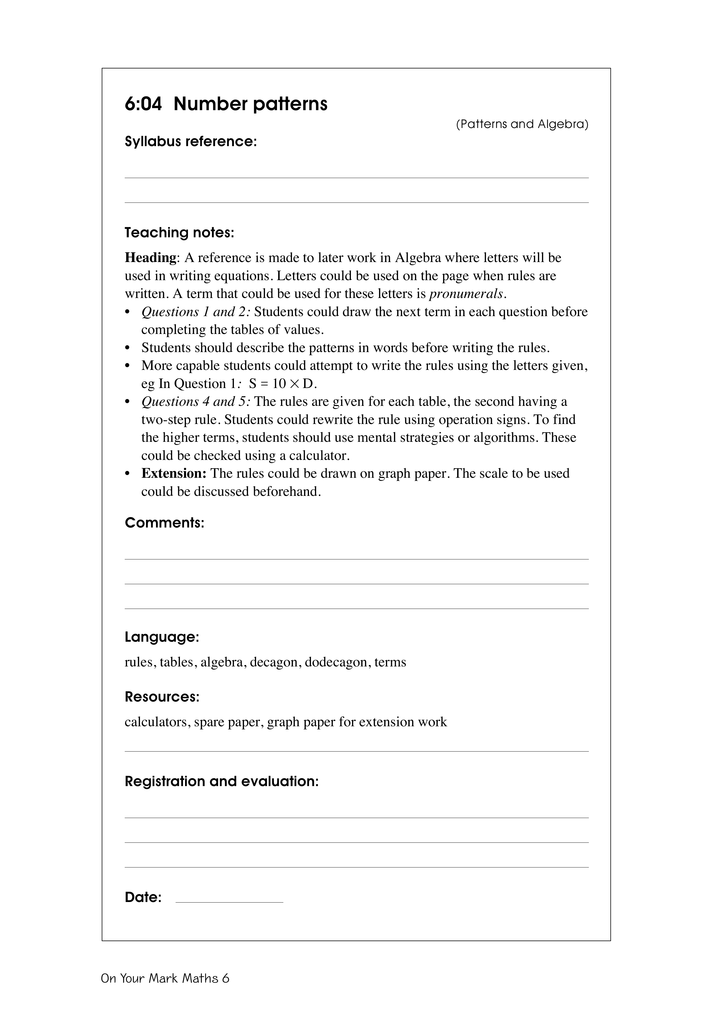 Number patterns — worksheet preview