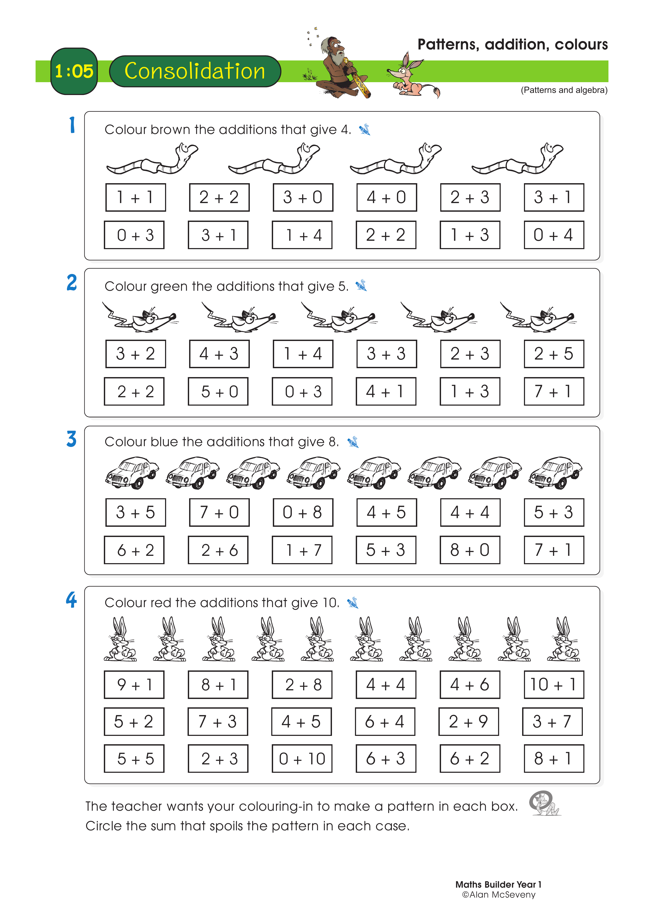 Patterns, addition, colours — worksheet preview