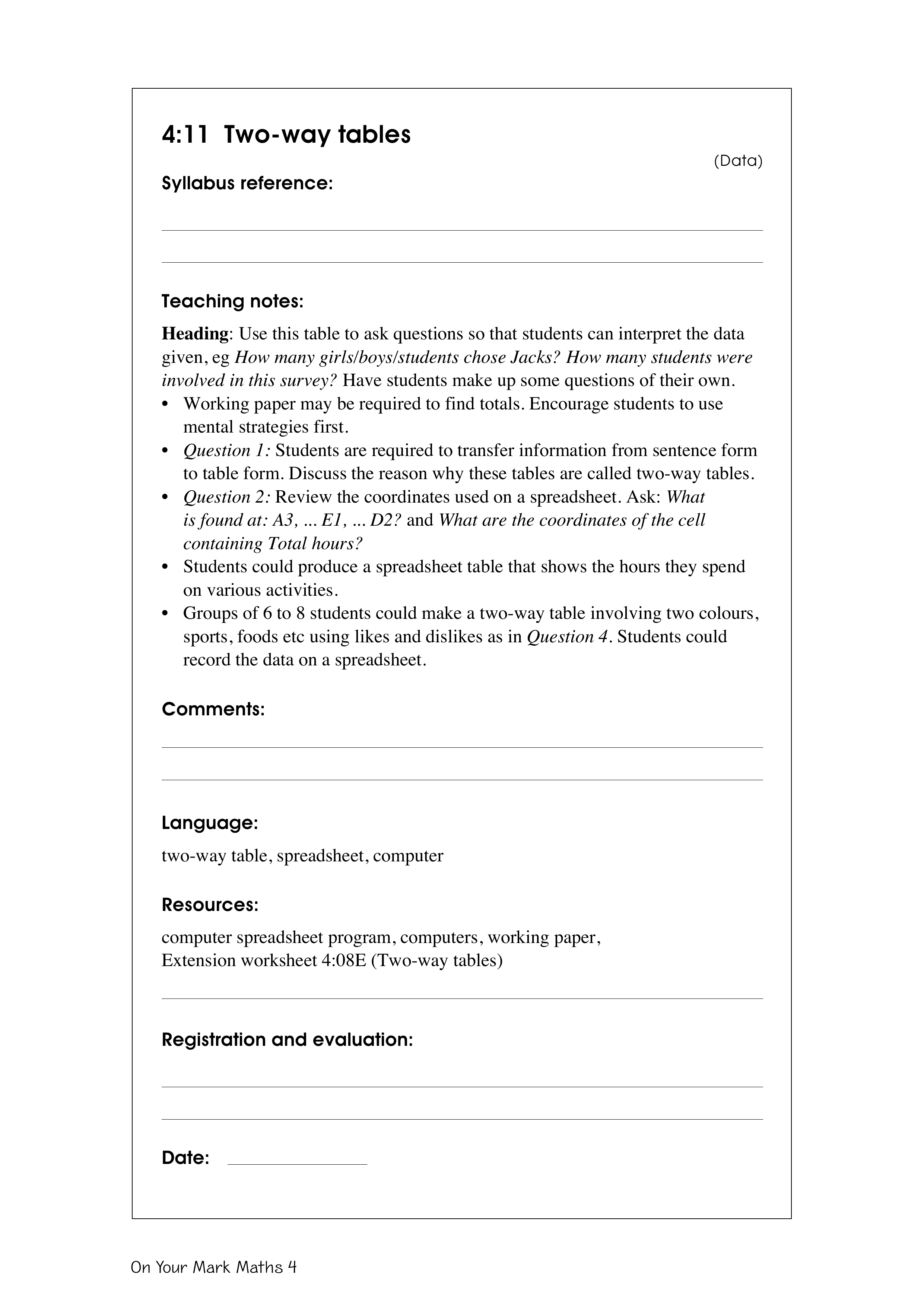 Two-way tables — worksheet preview