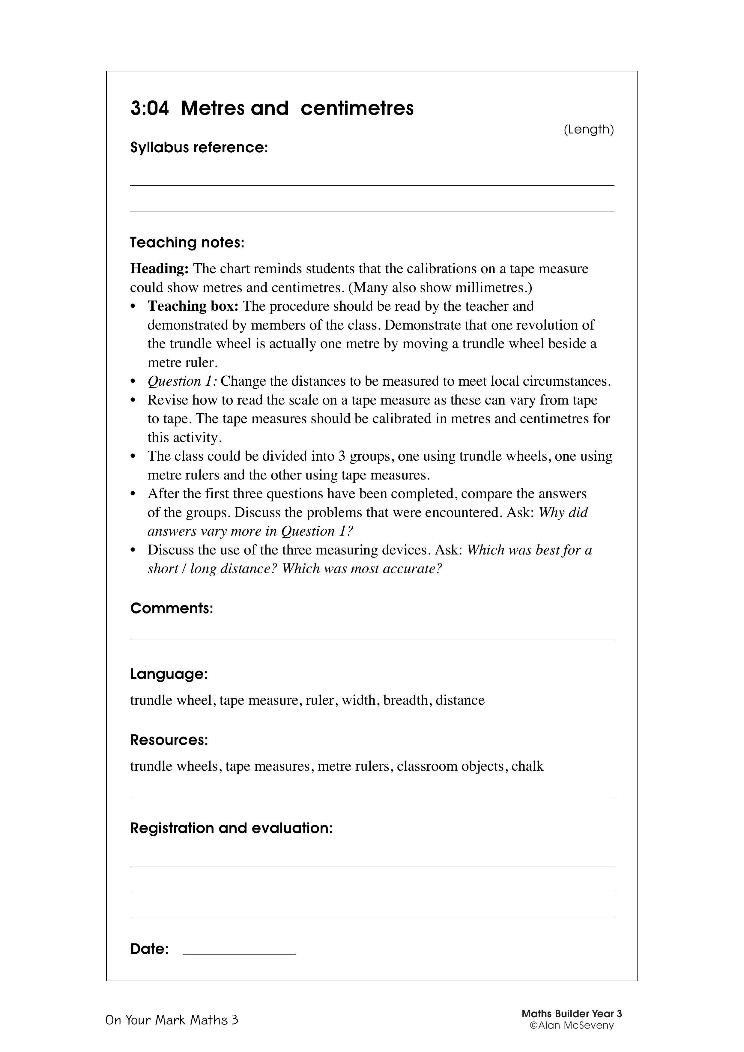 Metres and centimetres — worksheet preview