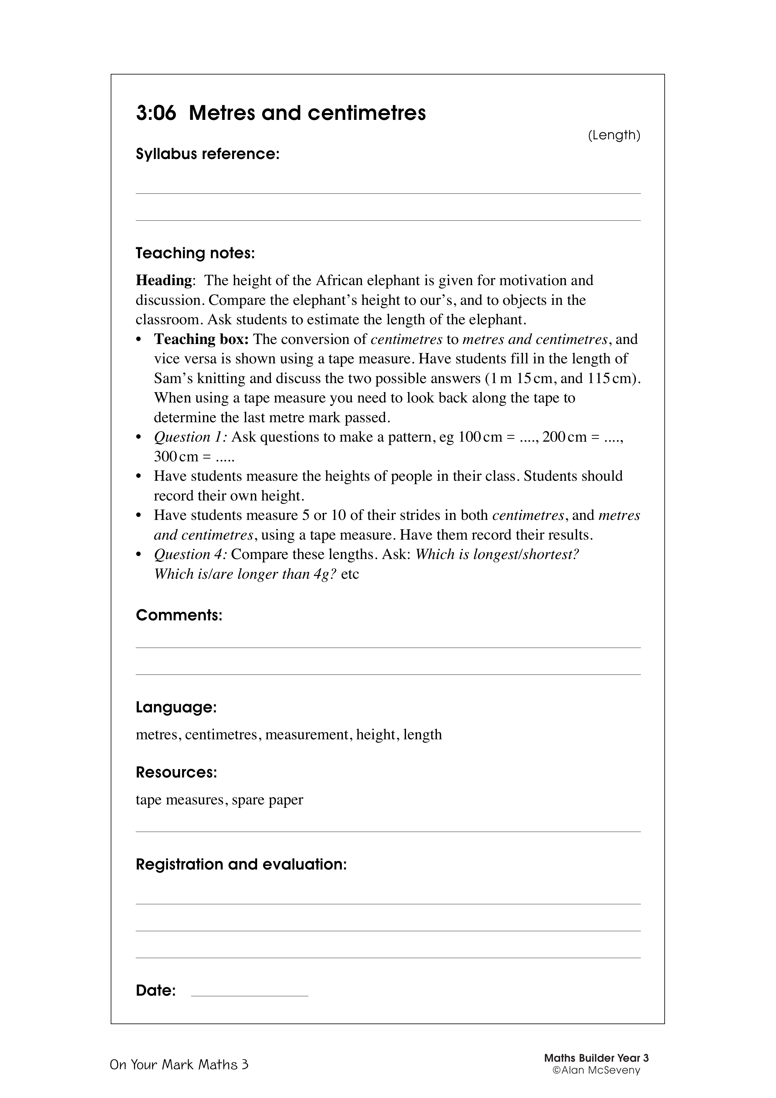 Metres and centimetres — worksheet preview