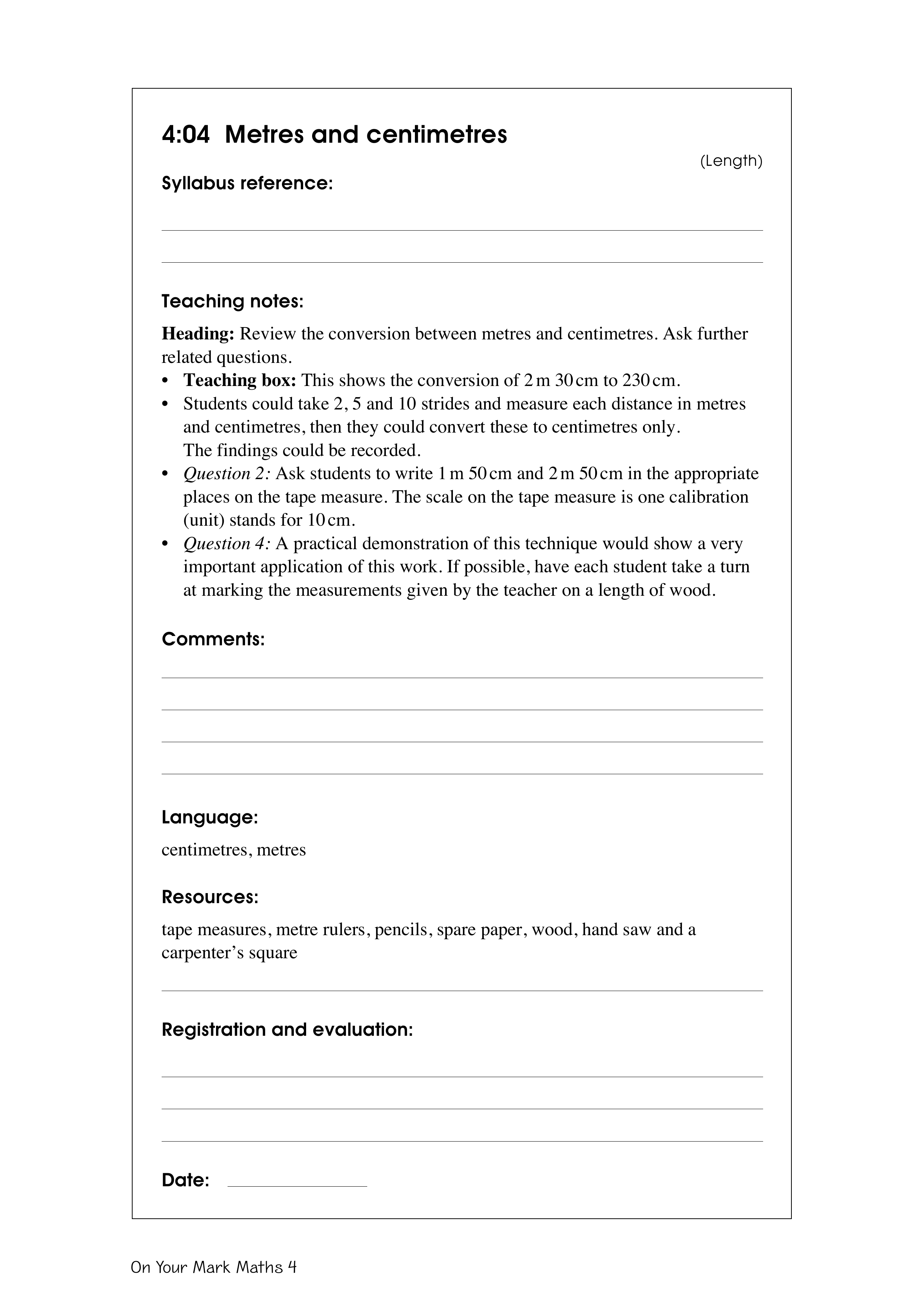 Metres and centimetres — worksheet preview