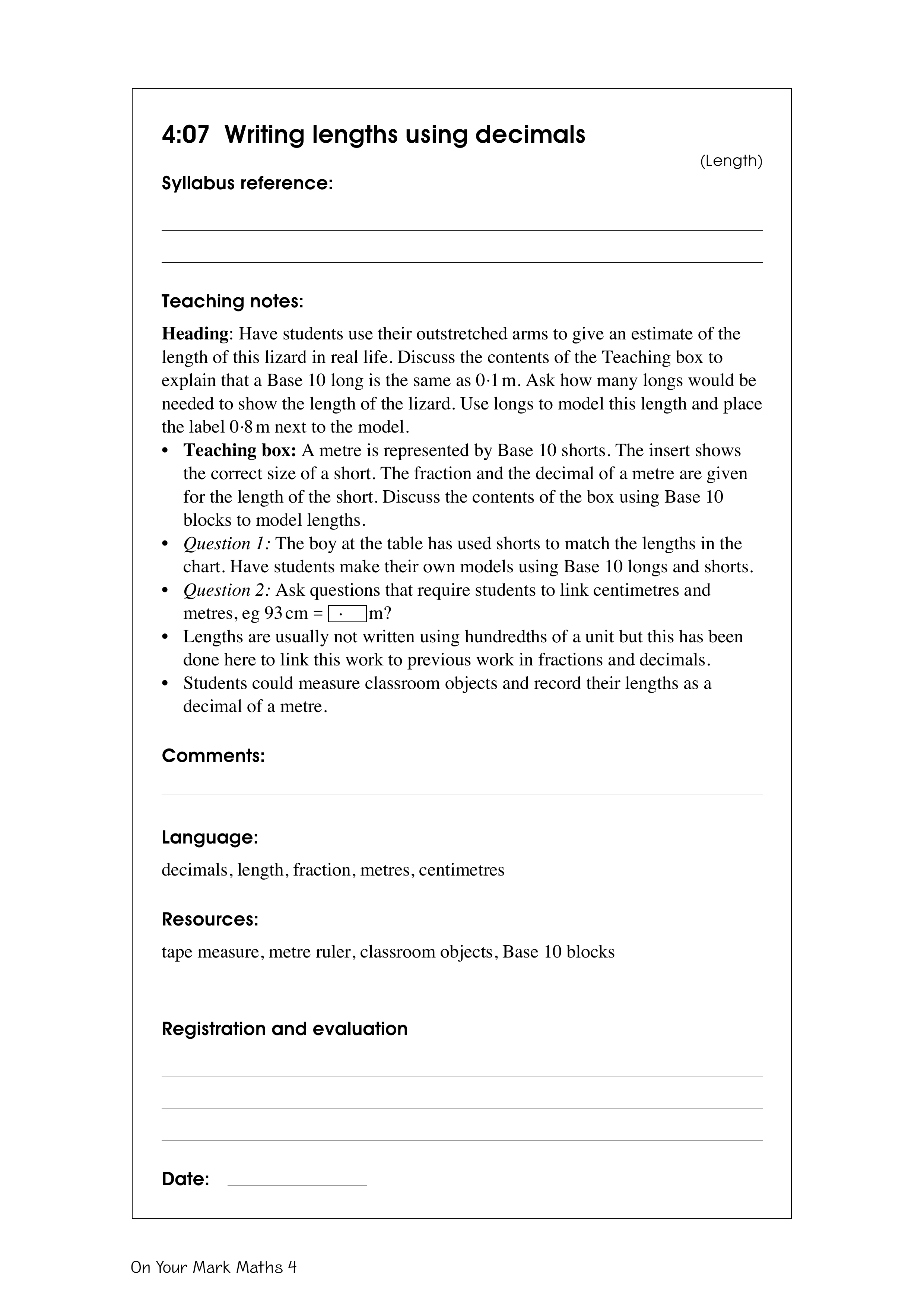 Writing lengths using decimals — worksheet preview