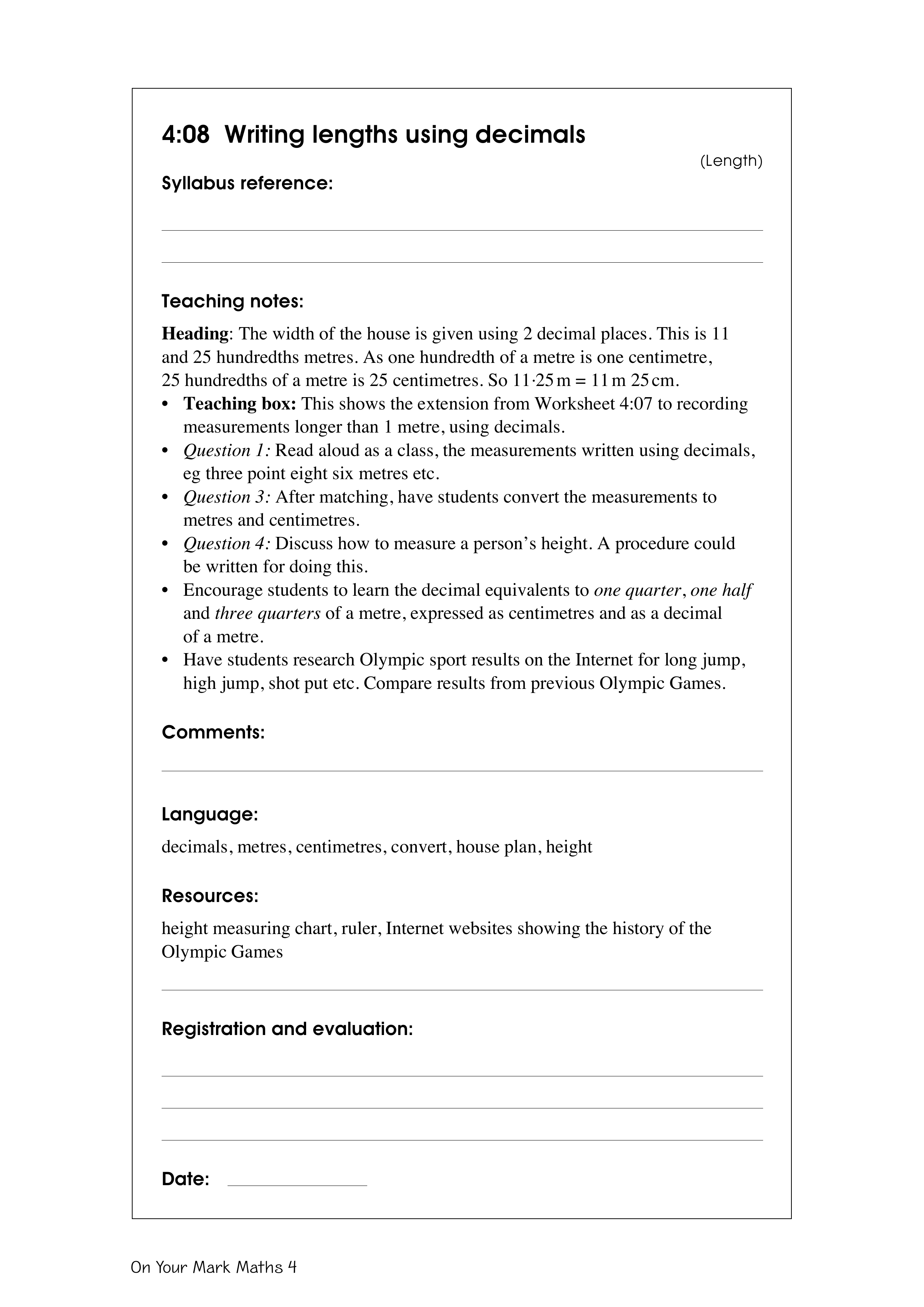 Writing lengths using decimals — worksheet preview
