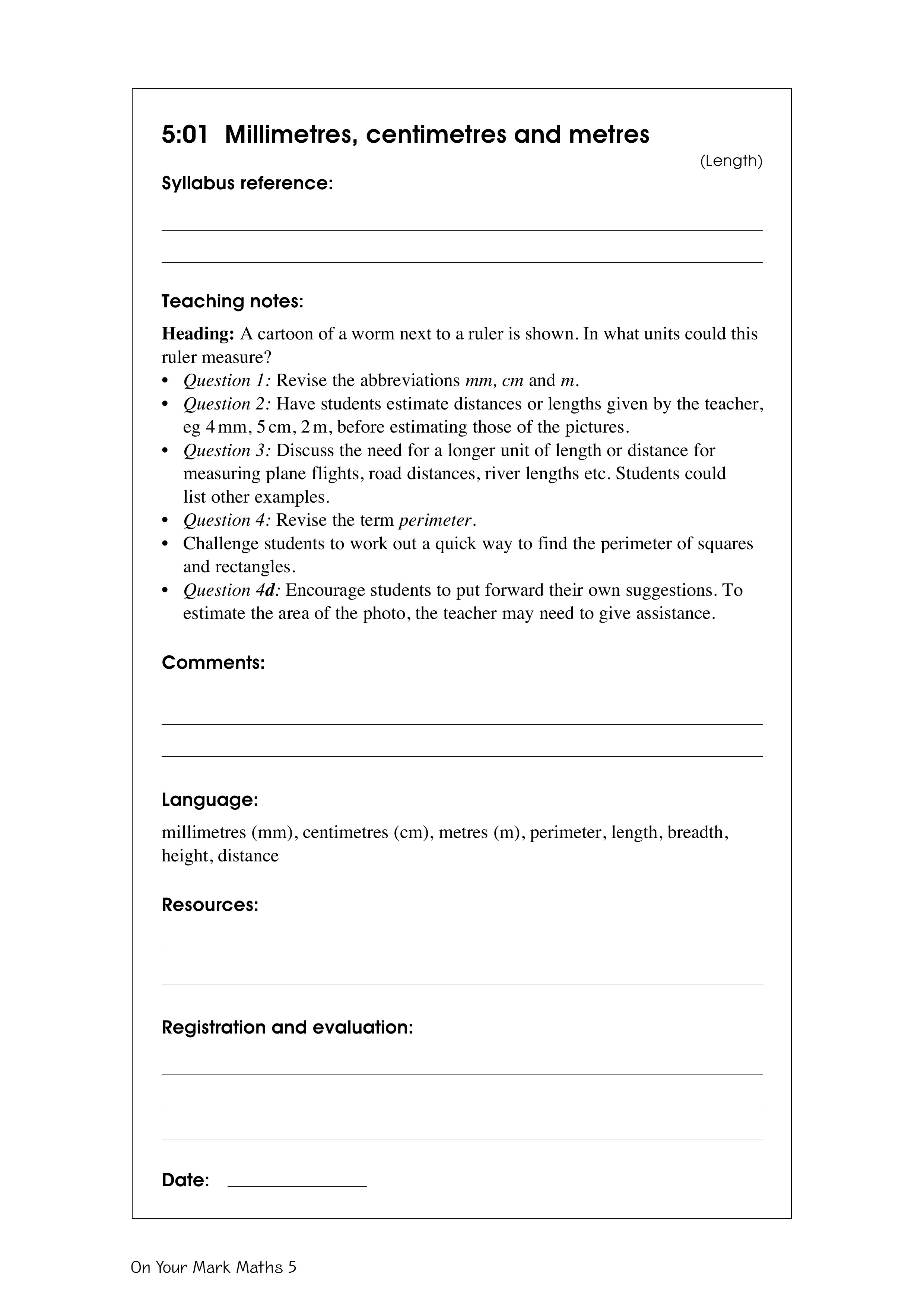 Millimetres, centimetres and metres — worksheet preview