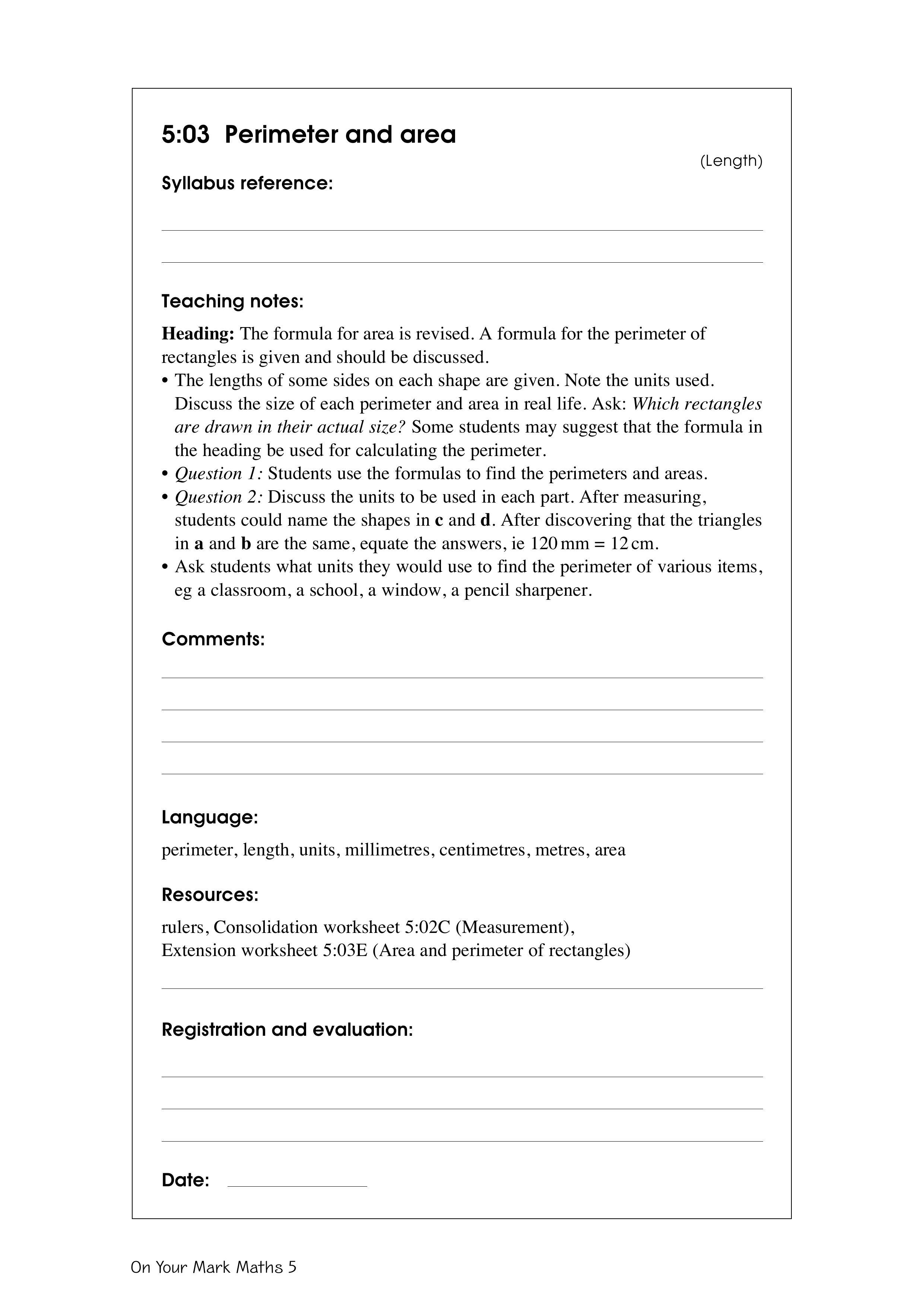 Perimeter and area — worksheet preview