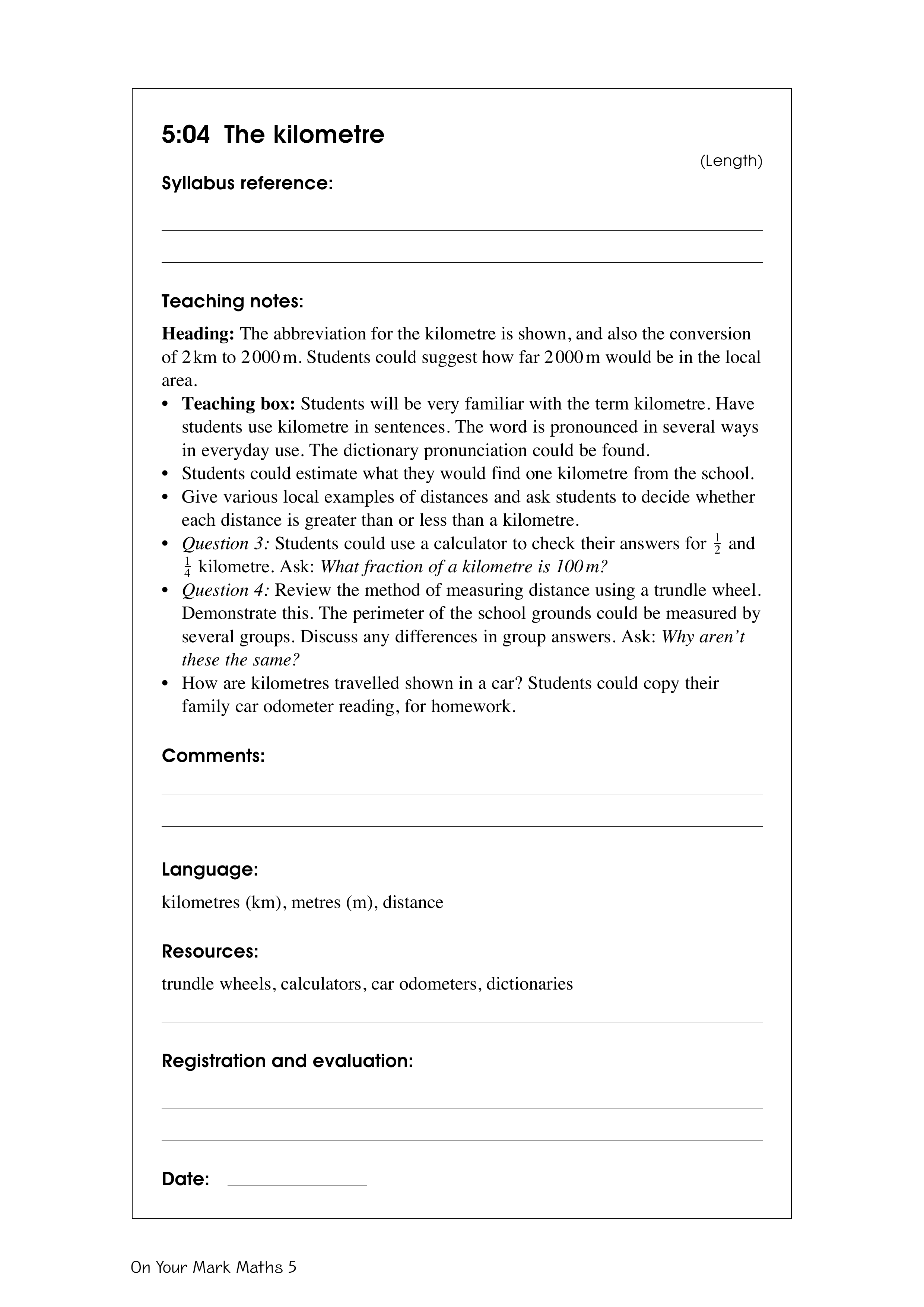 The kilometre — worksheet preview