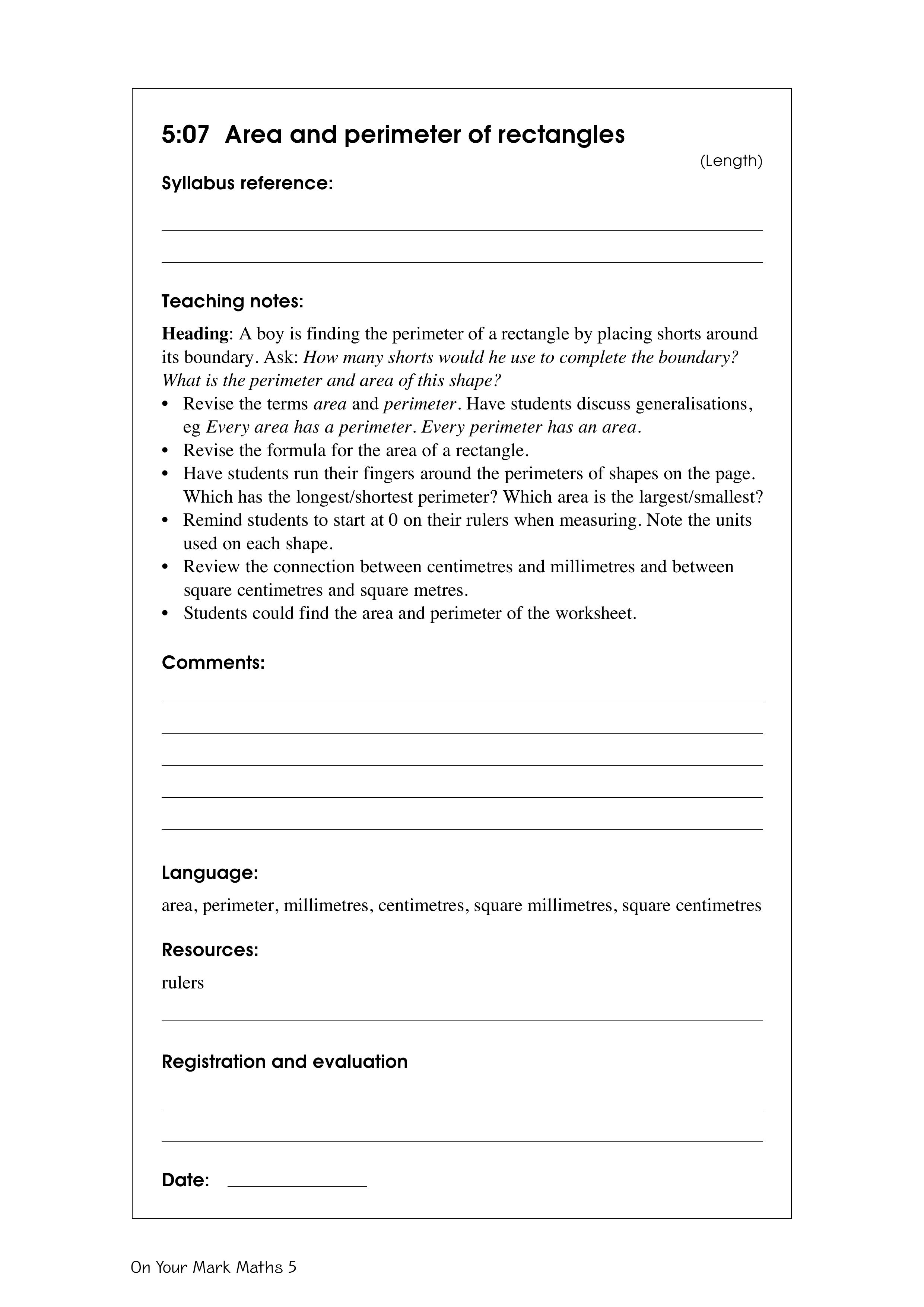 Area and perimeter of rectangles — worksheet preview