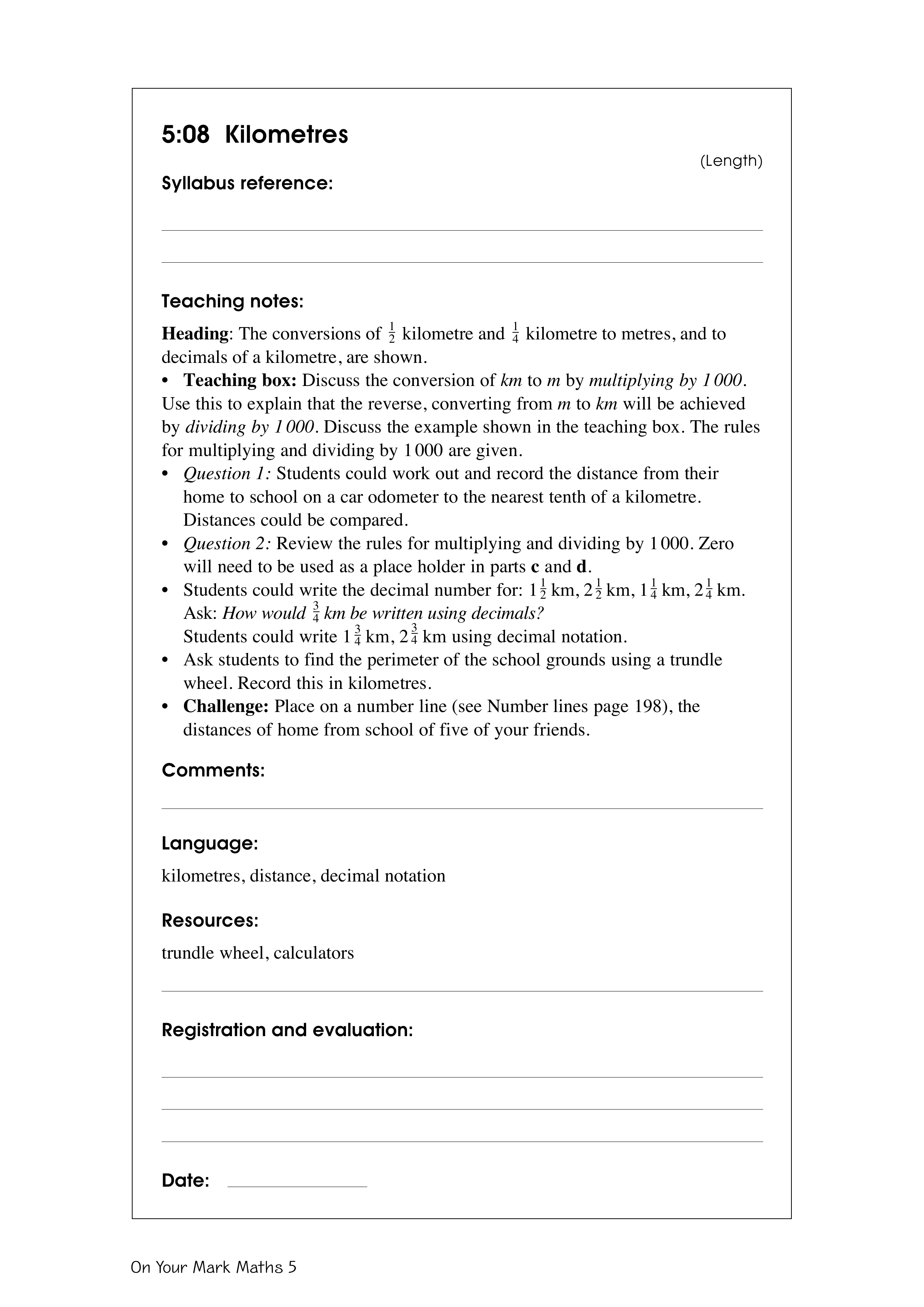 Kilometres — worksheet preview