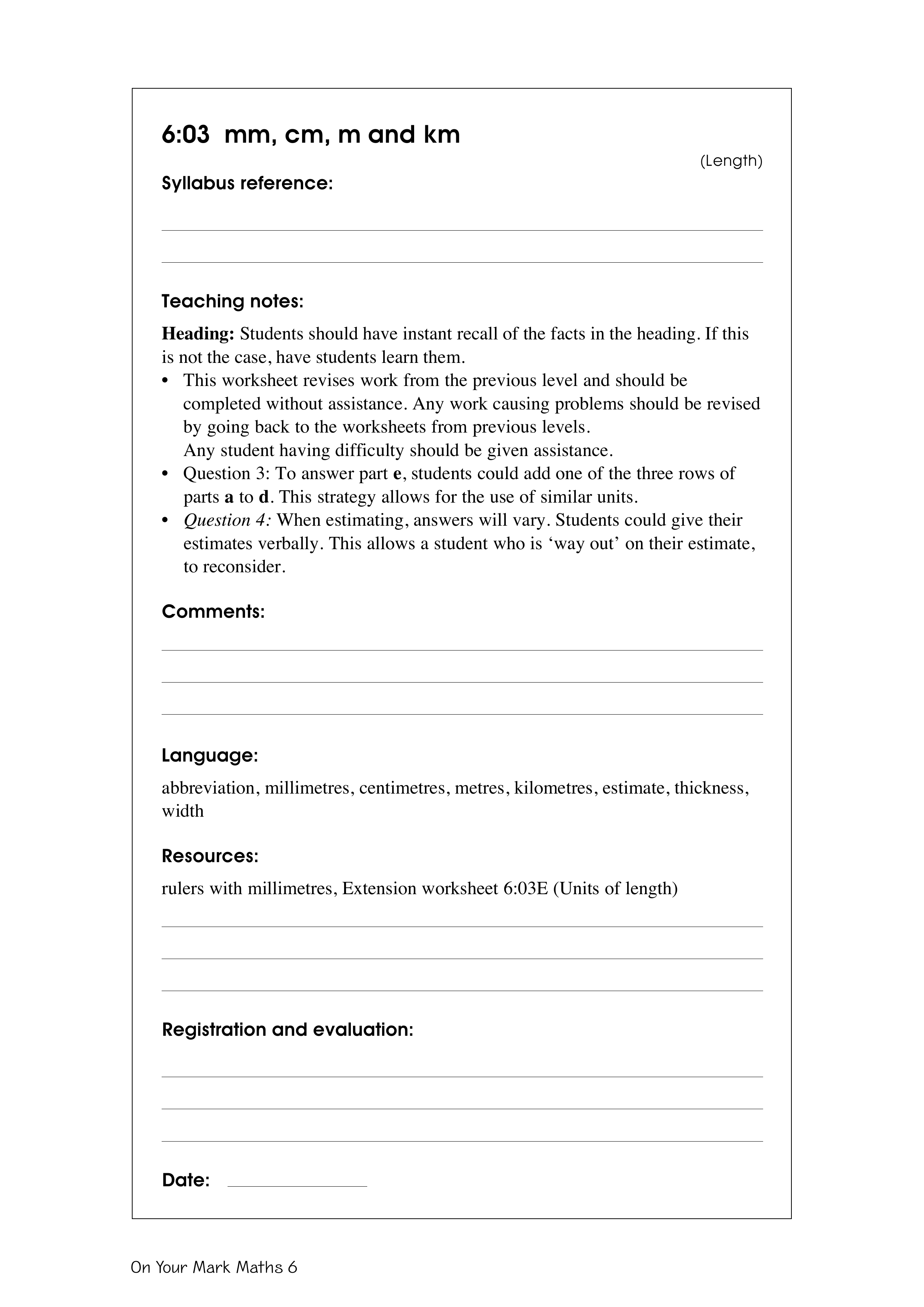 mm, cm, m and km — worksheet preview