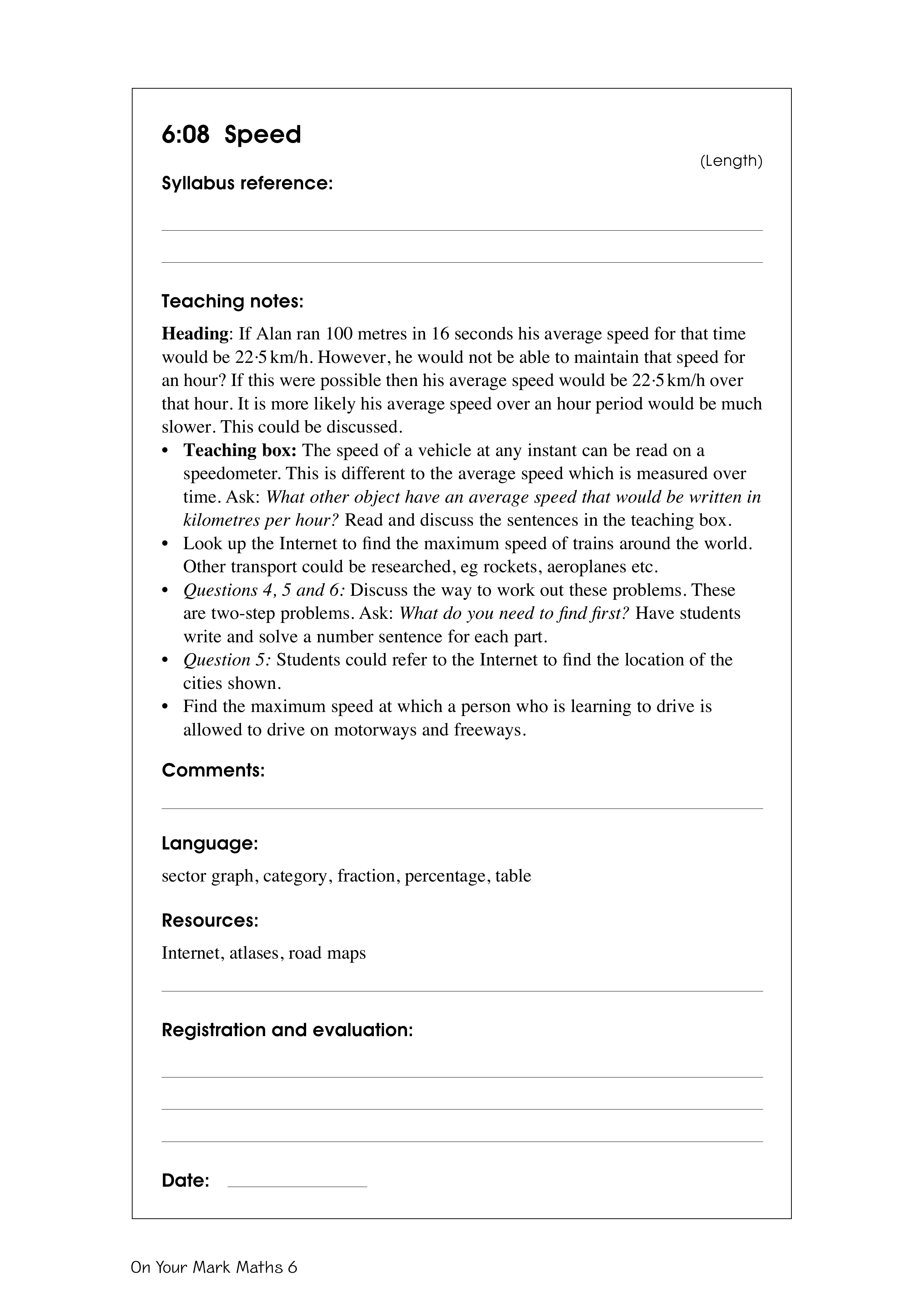 Speed — worksheet preview
