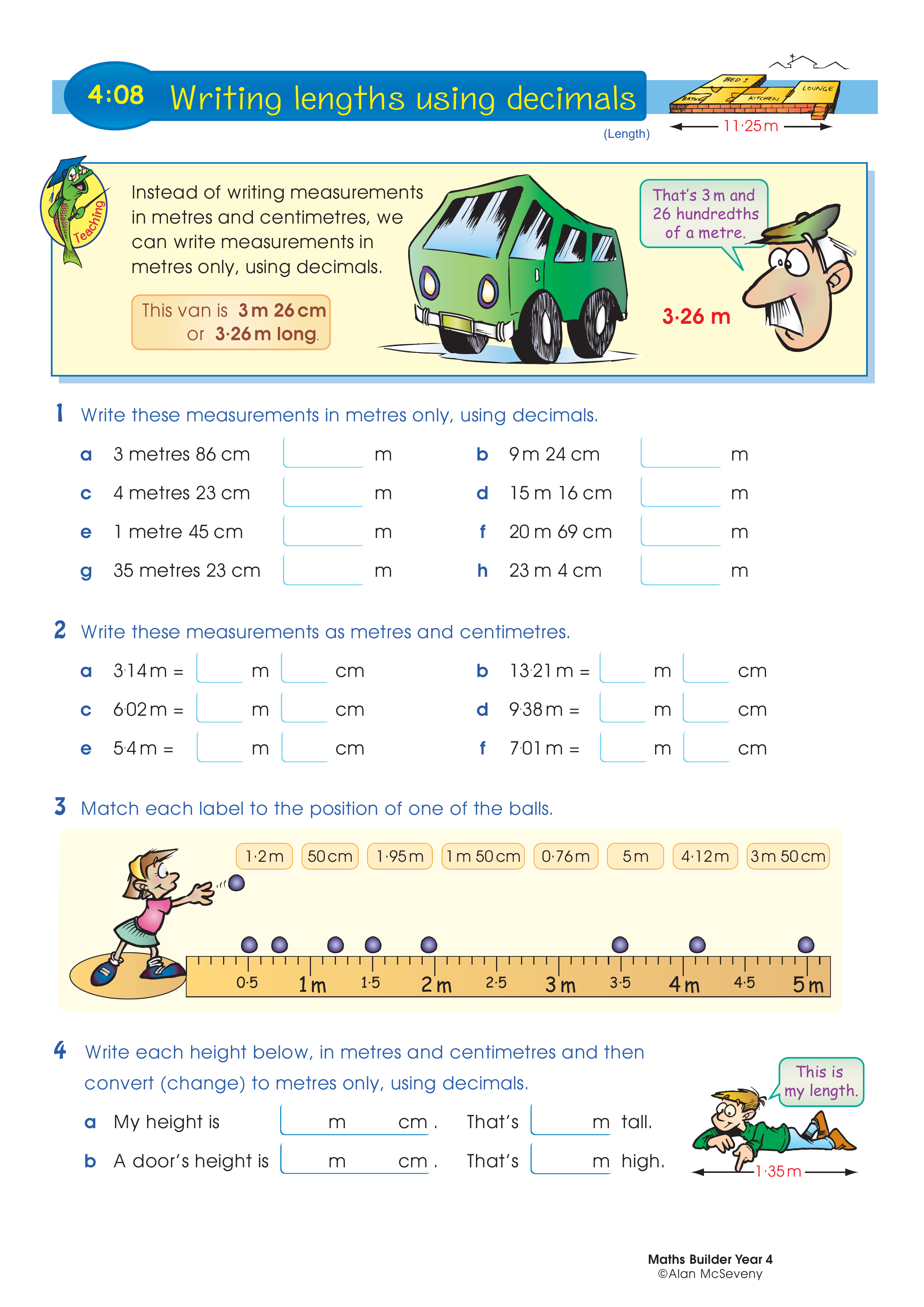 Writing lengths using decimals — worksheet preview