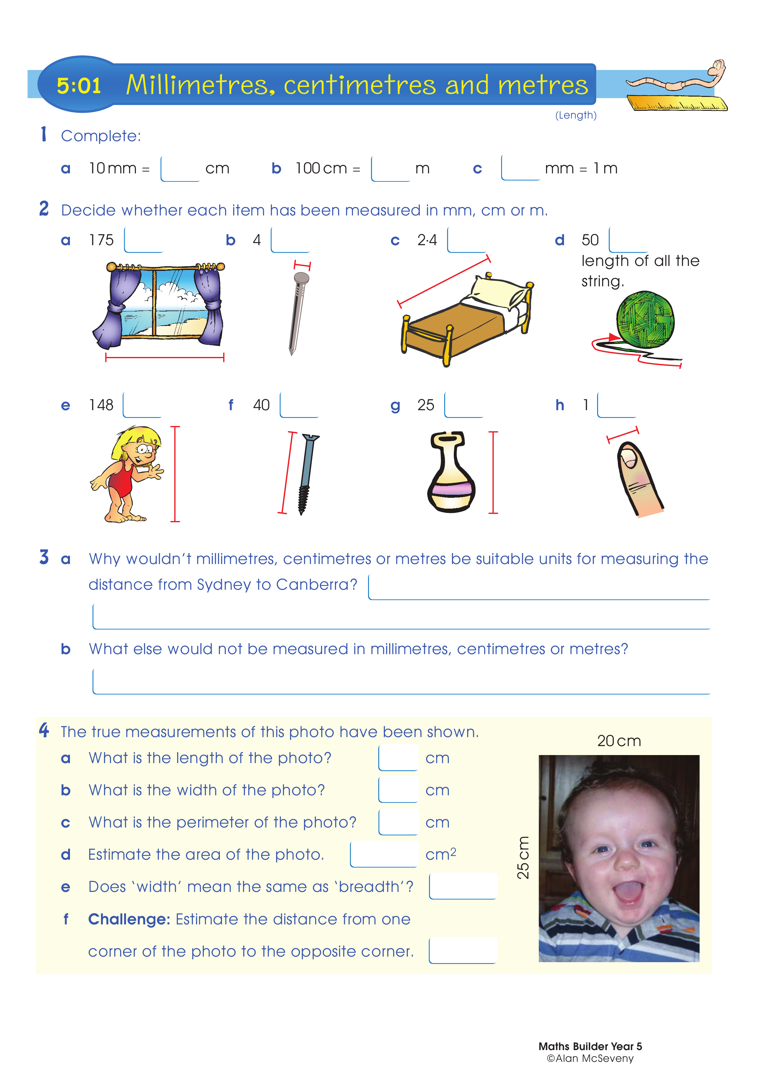 Millimetres, centimetres and metres — worksheet preview
